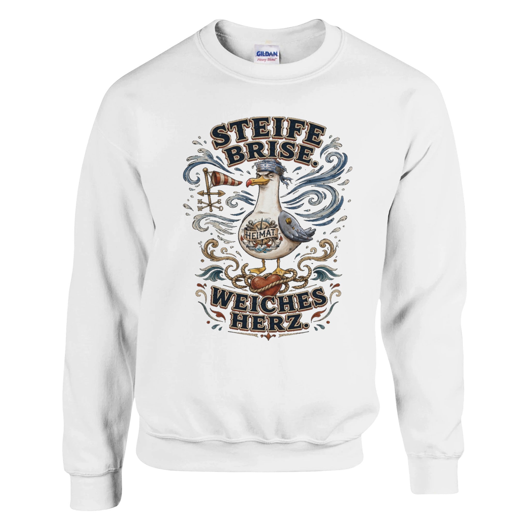 Pullover in Weiß mit Motiv „Steife Brise. Weiches Herz.“