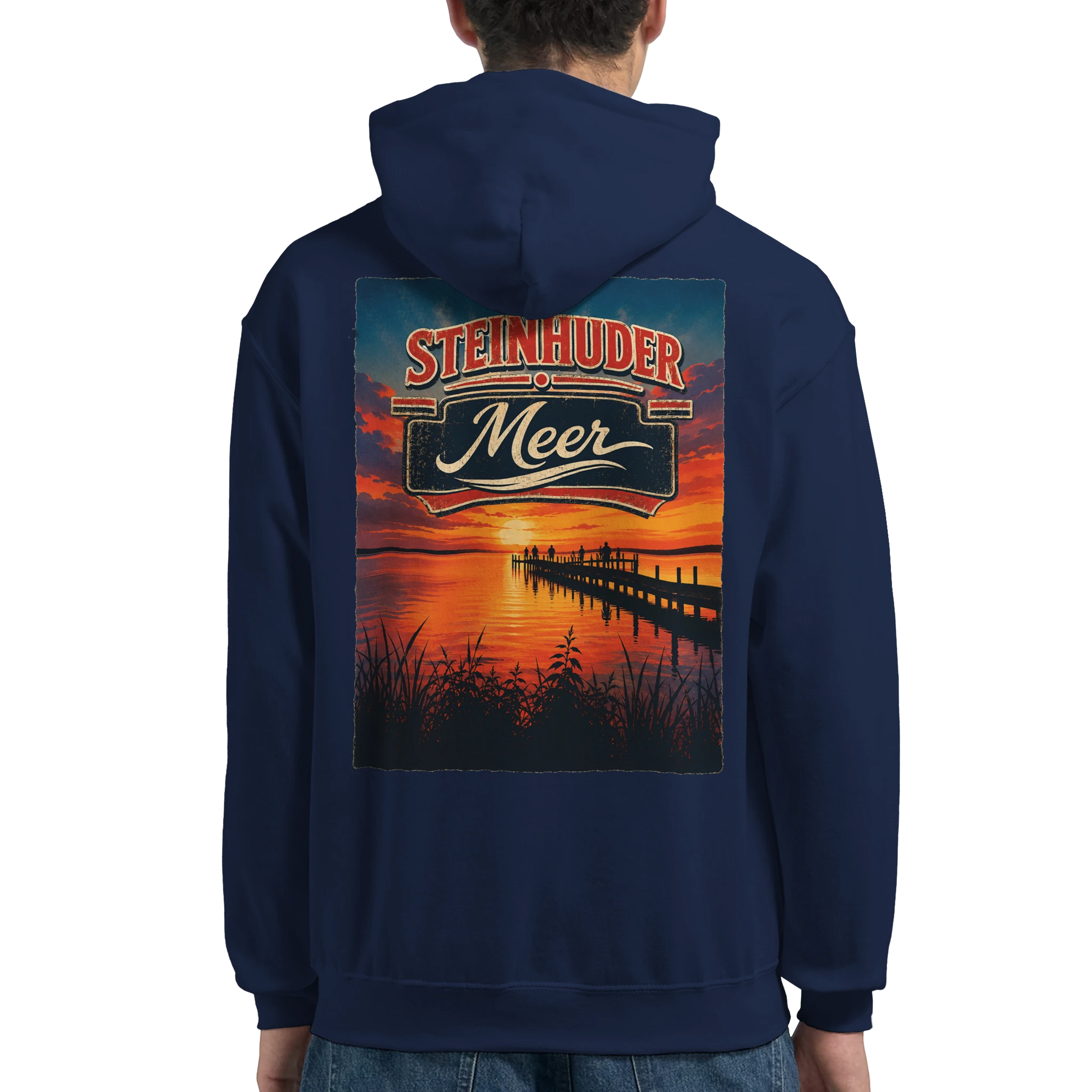 Hoodie in Aschgrau mit Motiv „Sunset Ratskeller Steg - Steinhuder Meer“