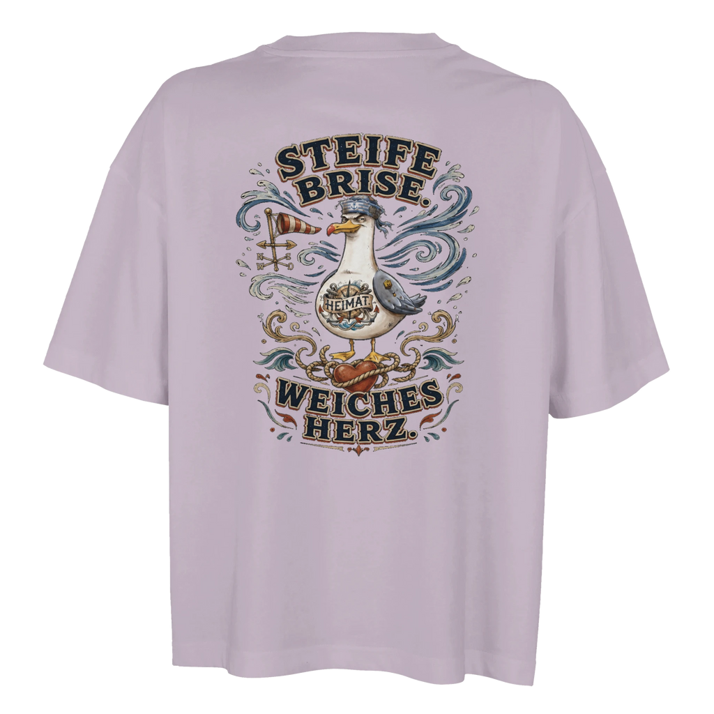 Damen-T-Shirt in Weiß mit Motiv „Steife Brise. Weiches Herz. Möwe“