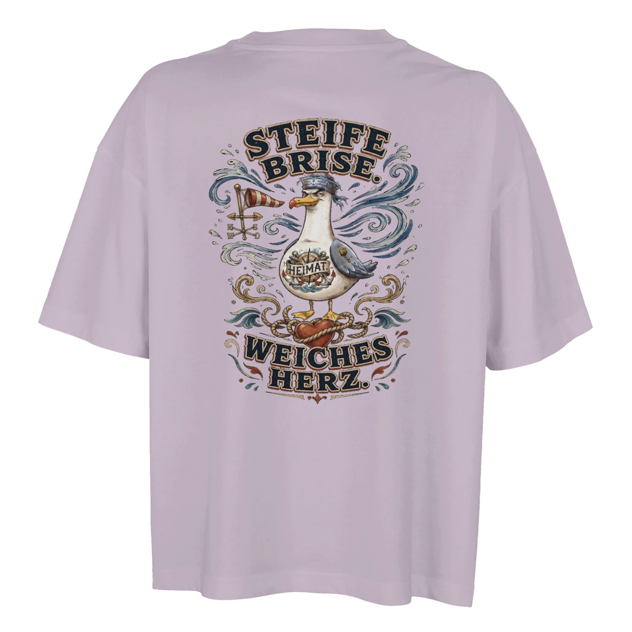 Damen-T-Shirt in Weiß mit Motiv „Steife Brise. Weiches Herz. Möwe“