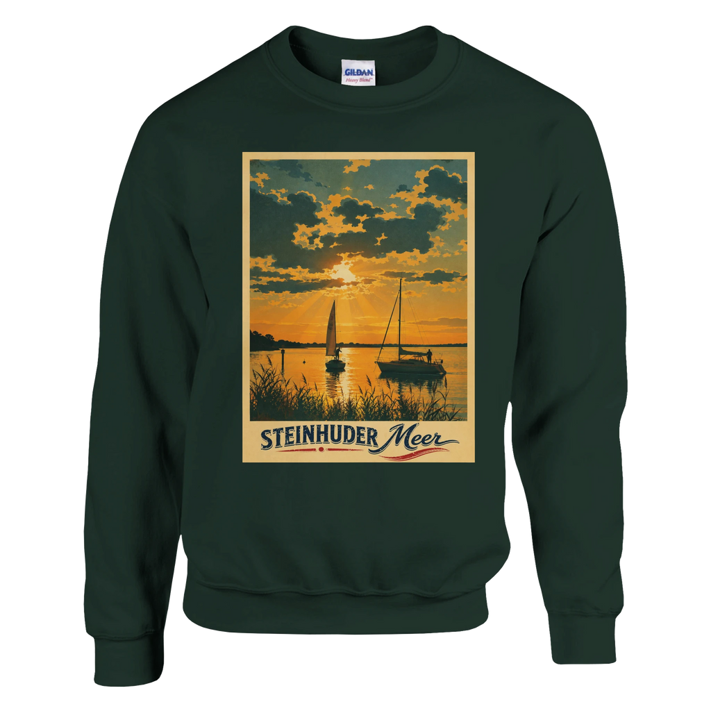Pullover in Aschgrau mit Motiv „Segler am Steinhuder Meer beim Sunset“