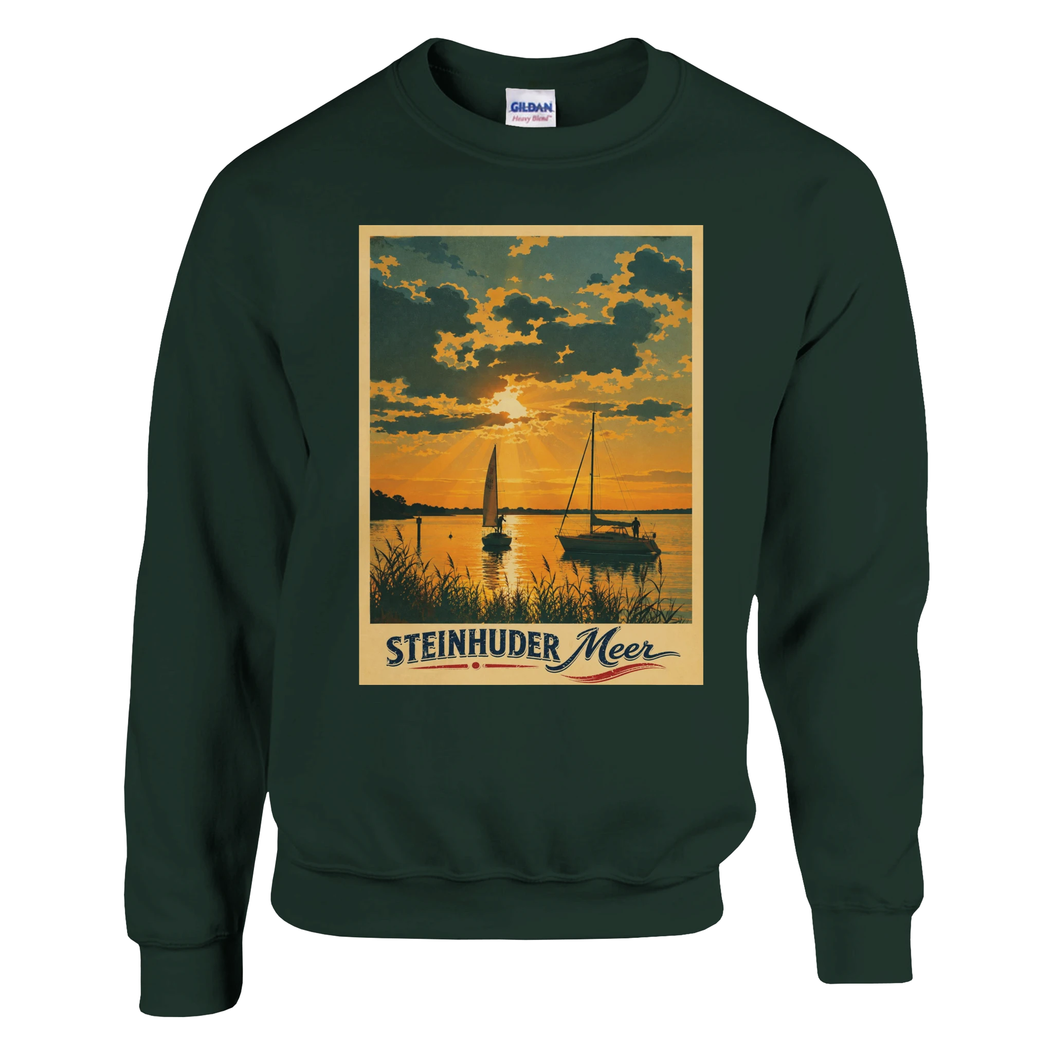Pullover in Aschgrau mit Motiv „Segler am Steinhuder Meer beim Sunset“