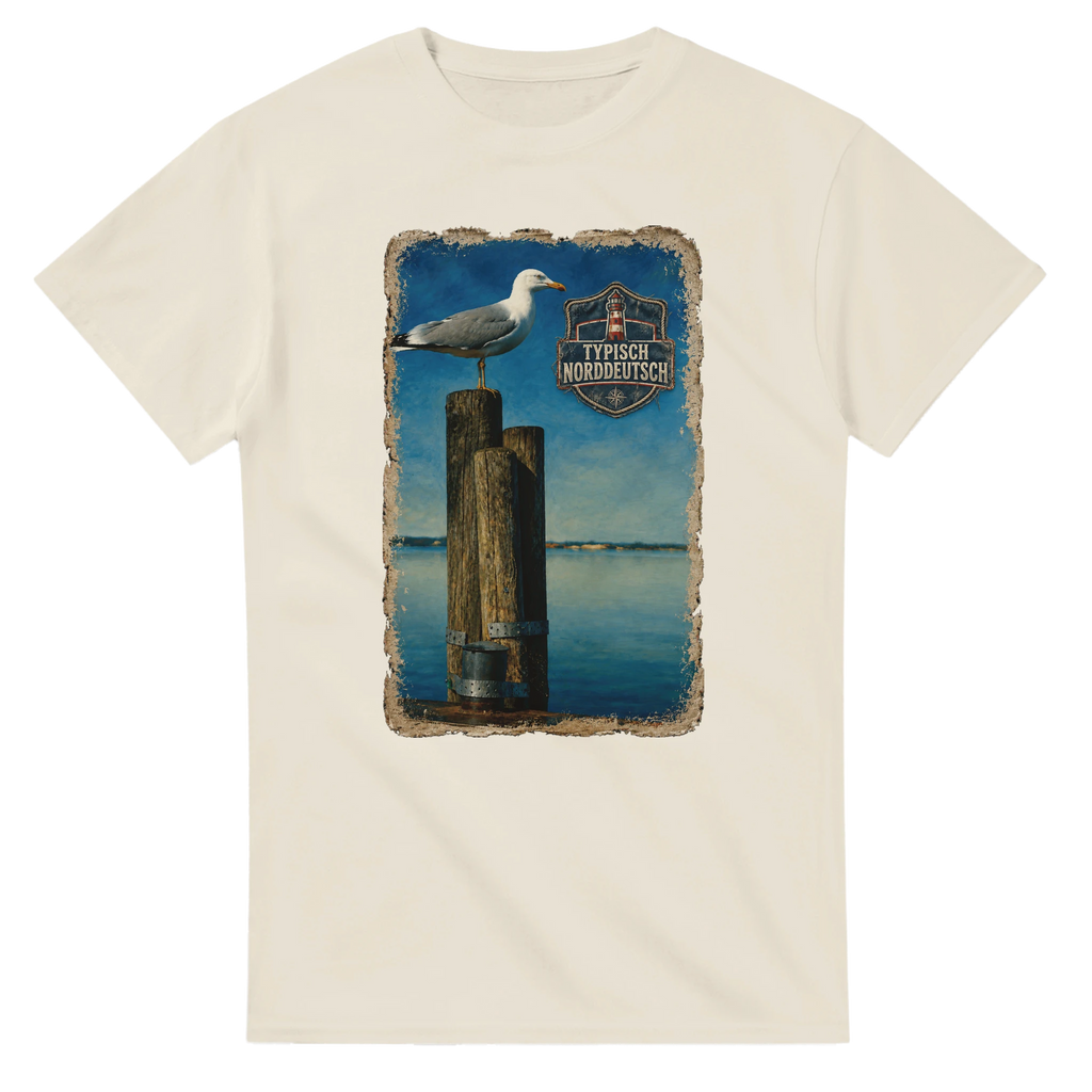 T-Shirt in Weiß mit Motiv „Möwe auf Poller“