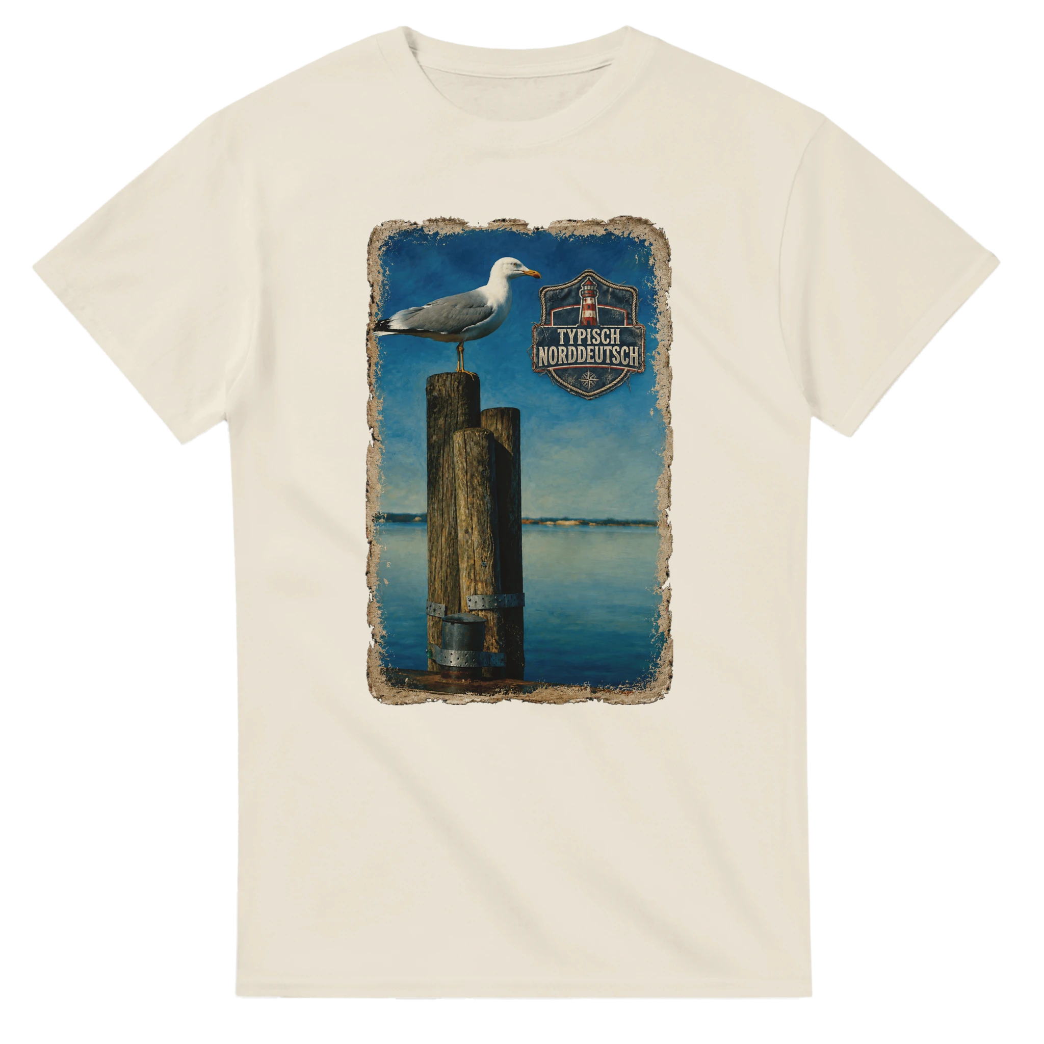 T-Shirt in Weiß mit Motiv „Möwe auf Poller“