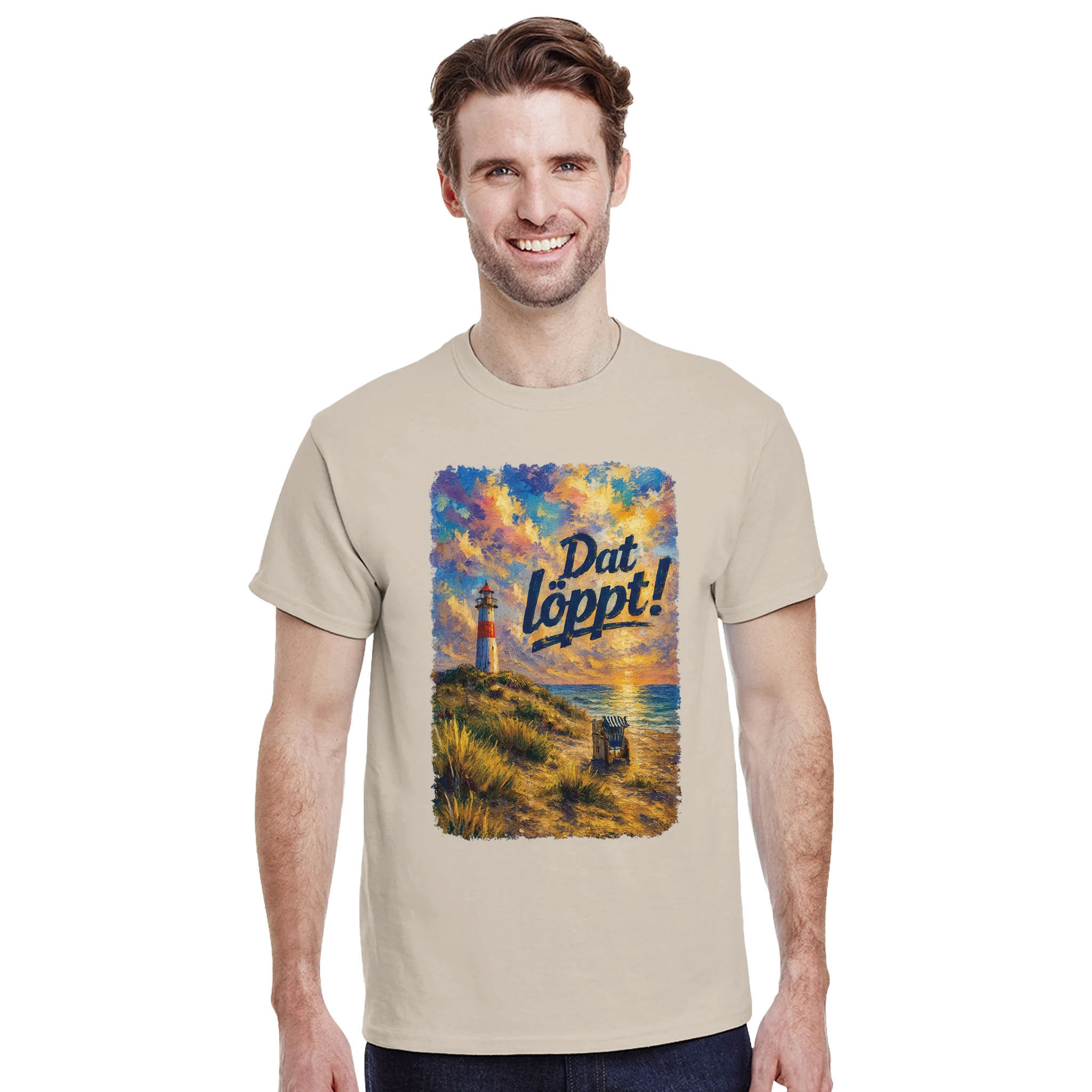 T-Shirt in Natur mit Motiv „Dat löppt! Typisch Norddeutsch“