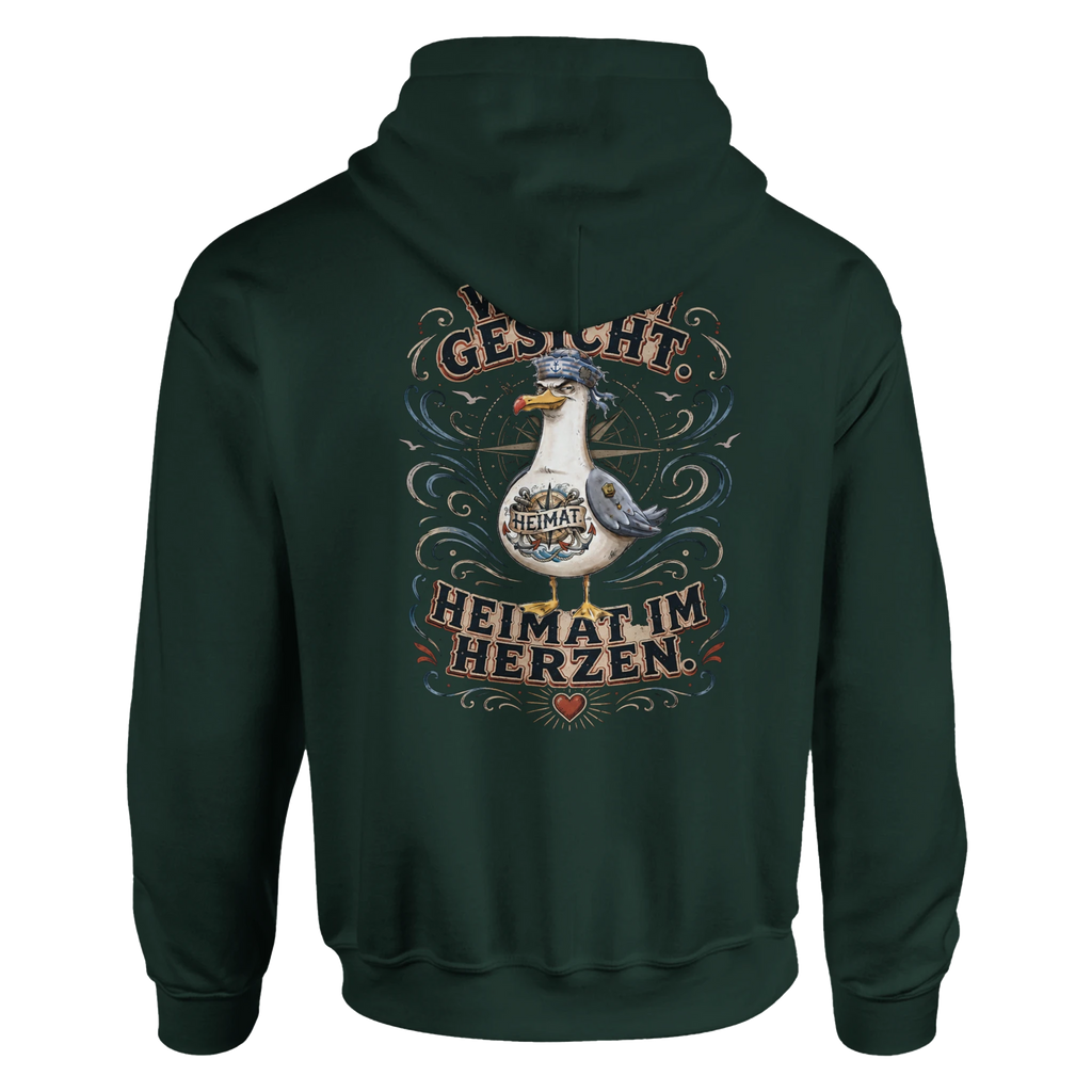 Hoodie in Hellrosa mit Motiv „Wind im Gesicht. Heimat im Herzen. Möwe“