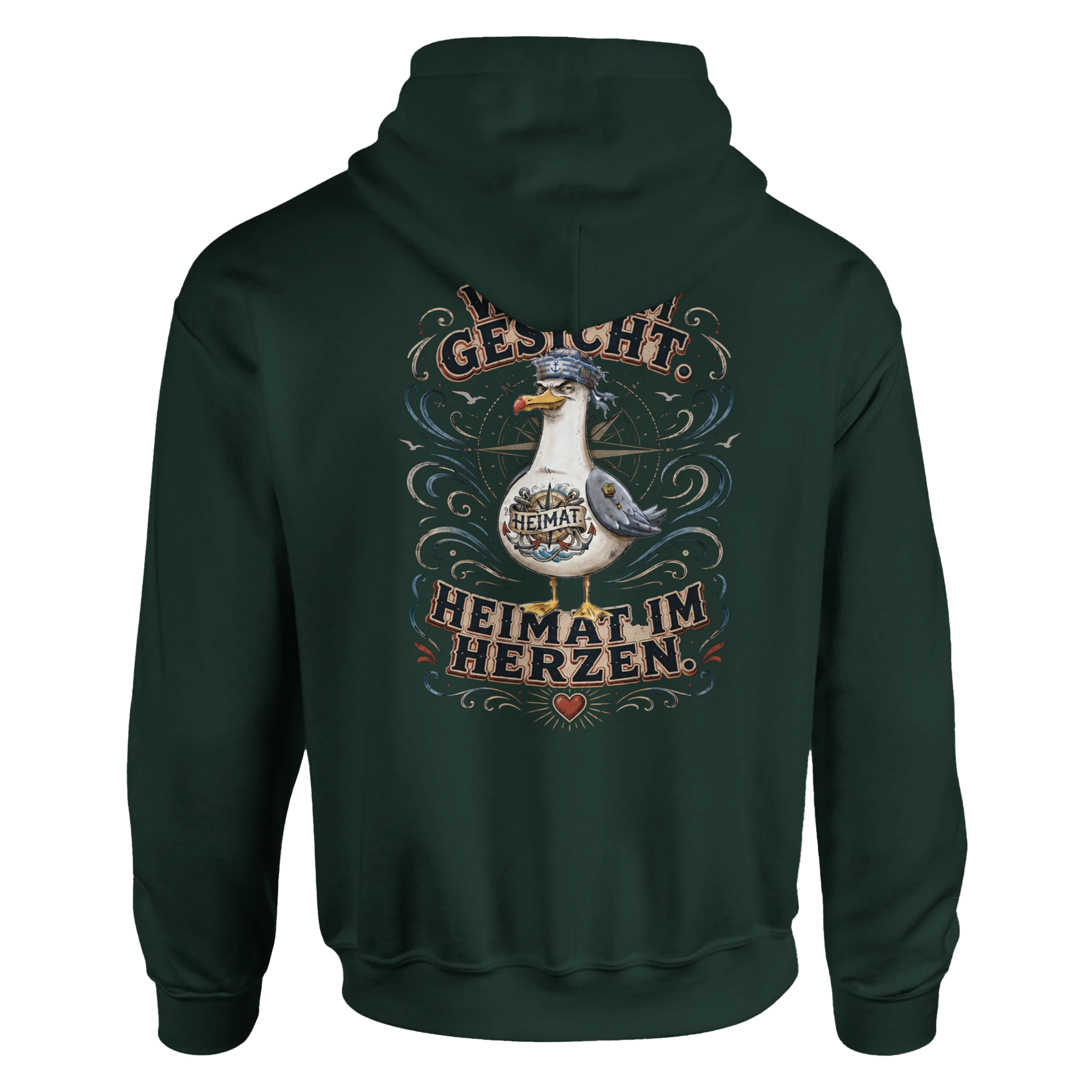 Hoodie in Hellrosa mit Motiv „Wind im Gesicht. Heimat im Herzen. Möwe“