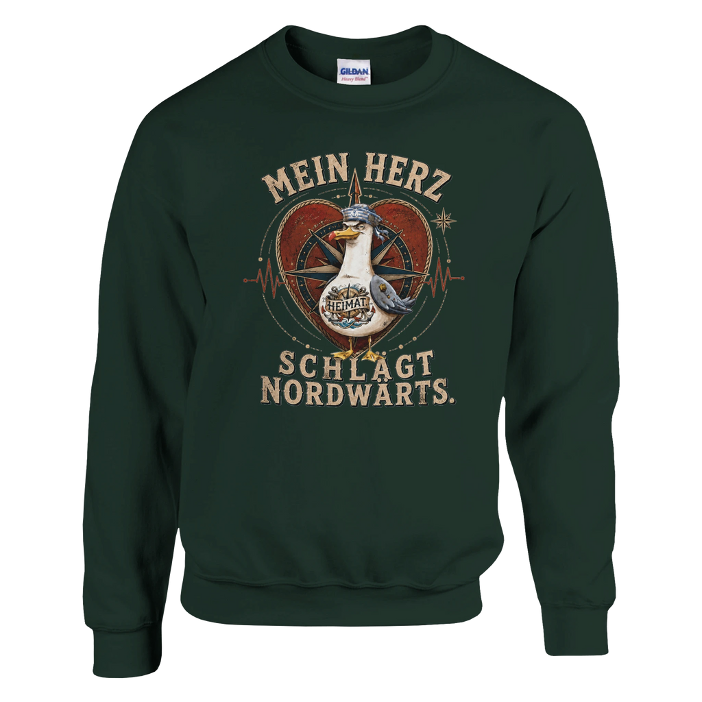 Pullover in Weiß mit Motiv „Mein Herz schlägt NORDWÄRTS. Möwe“