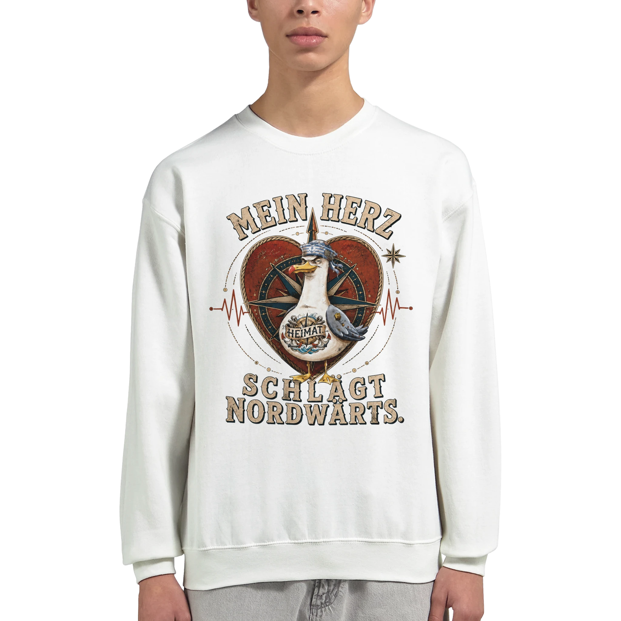 Pullover in Hellrosa mit Motiv „Mein Herz schlägt NORDWÄRTS. Möwe“