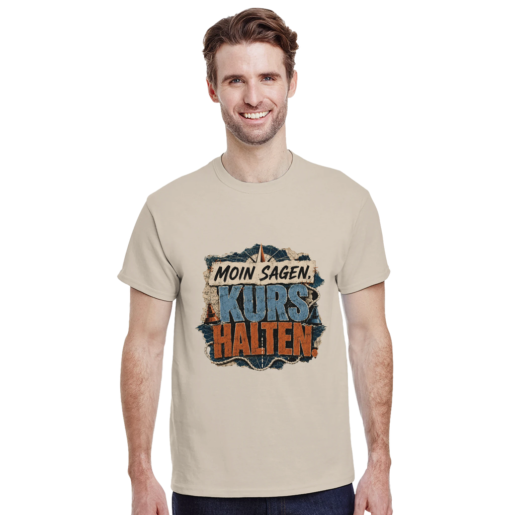 T-Shirt in Sand mit Motiv „Moin sagen. Kurs halten.“