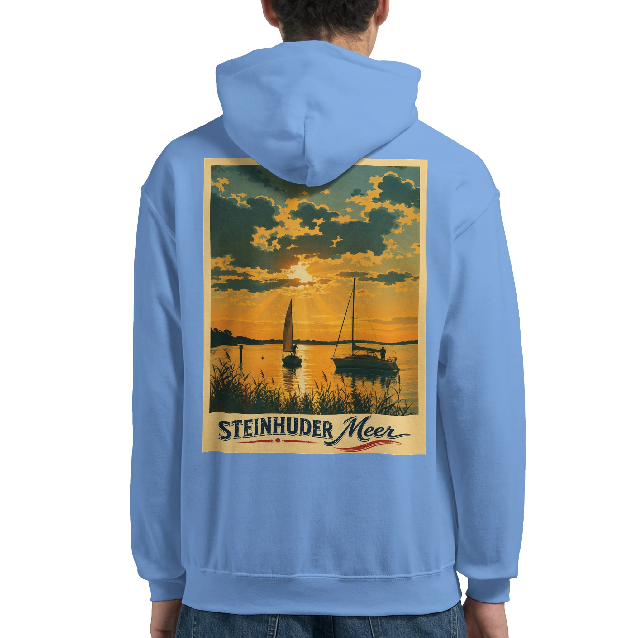Hoodie in Weiß mit Motiv „Segler am Steinhuder Meer beim Sunset“