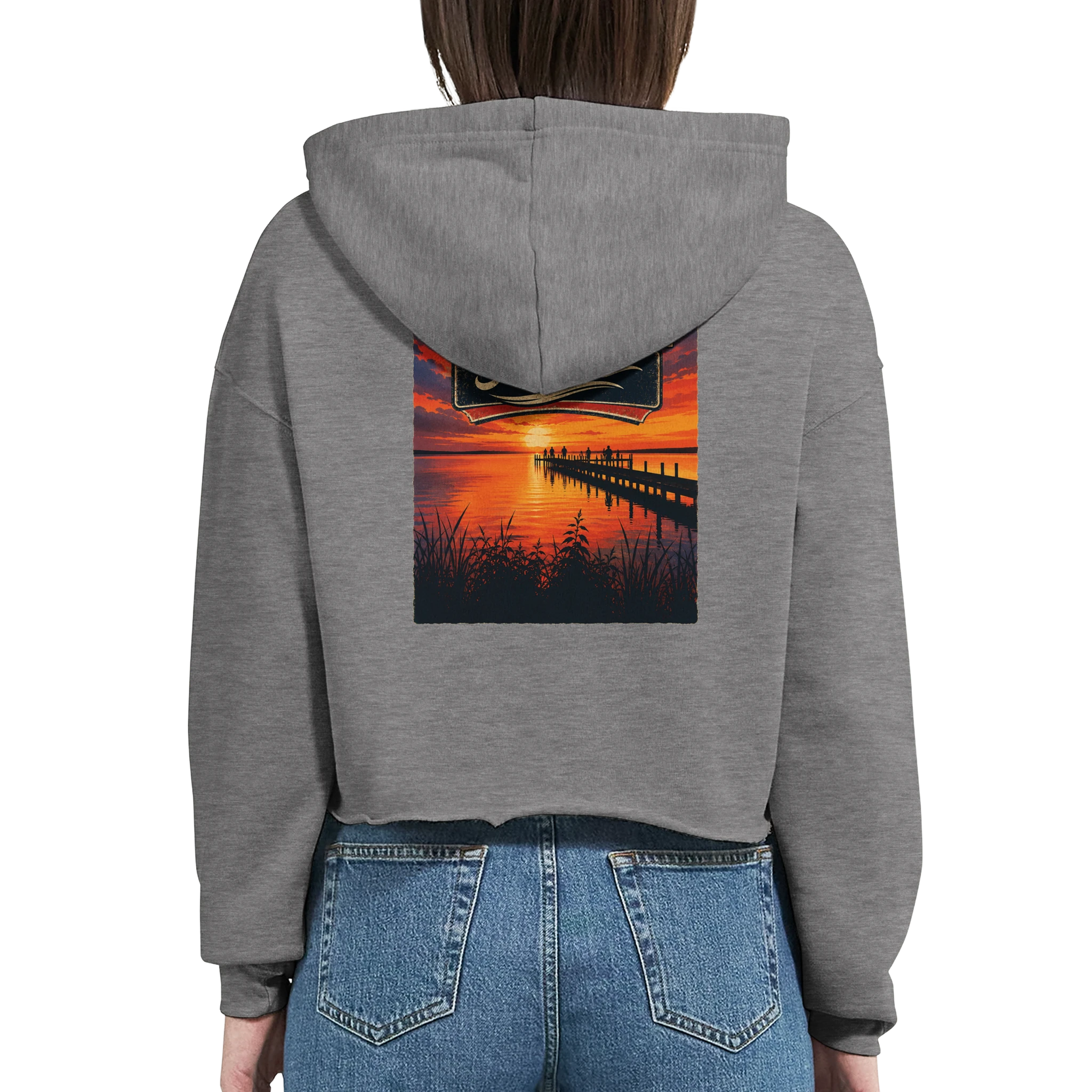 Damen-Hoodie in Weiß mit Motiv „Sunset Ratskeller Steg am Steinhuder Meer“