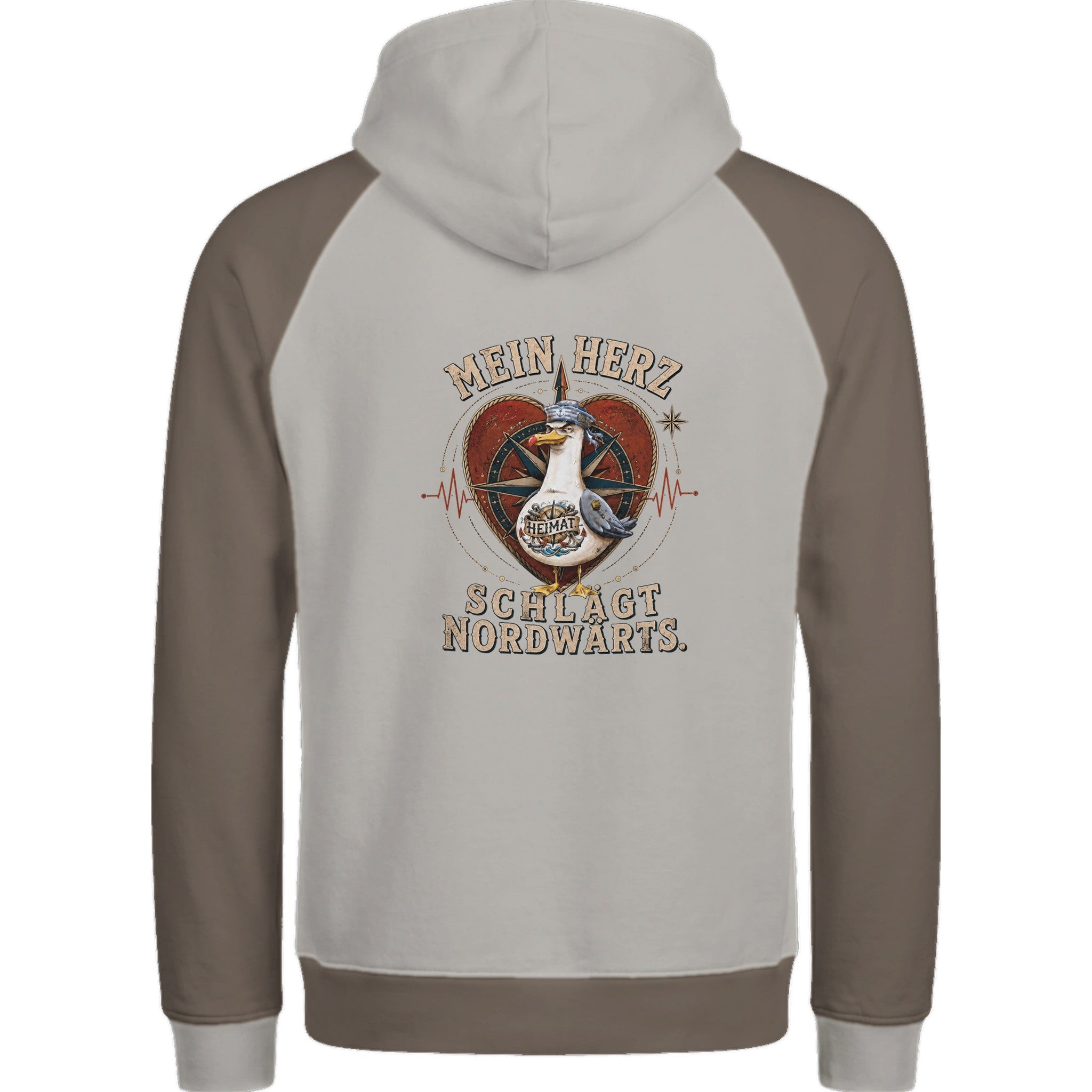 Hoodie in Ton mit Motiv „Mein Herz schlägt NORDWÄRTS. Möwe“