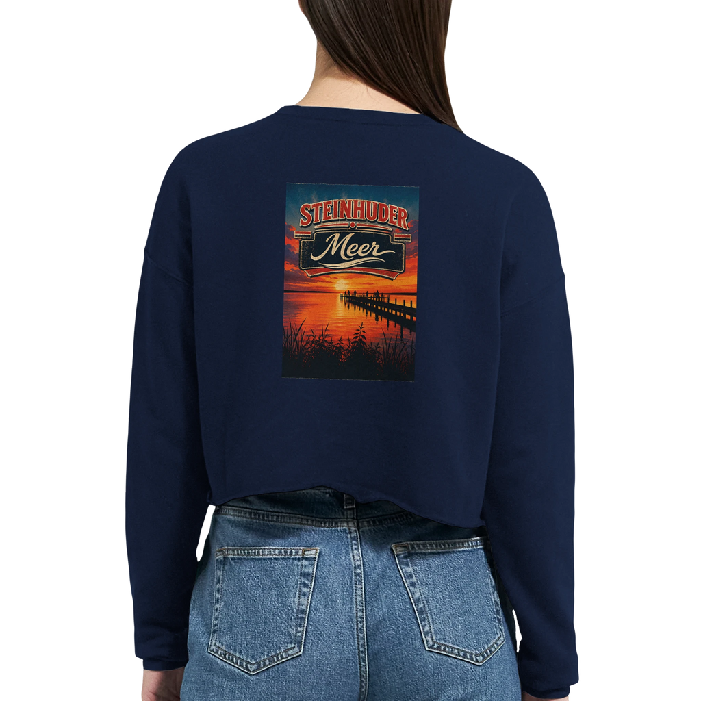 Damen-Pullover in Staubblau mit Motiv „Sunset Ratskeller Steg am Steinhuder Meer“