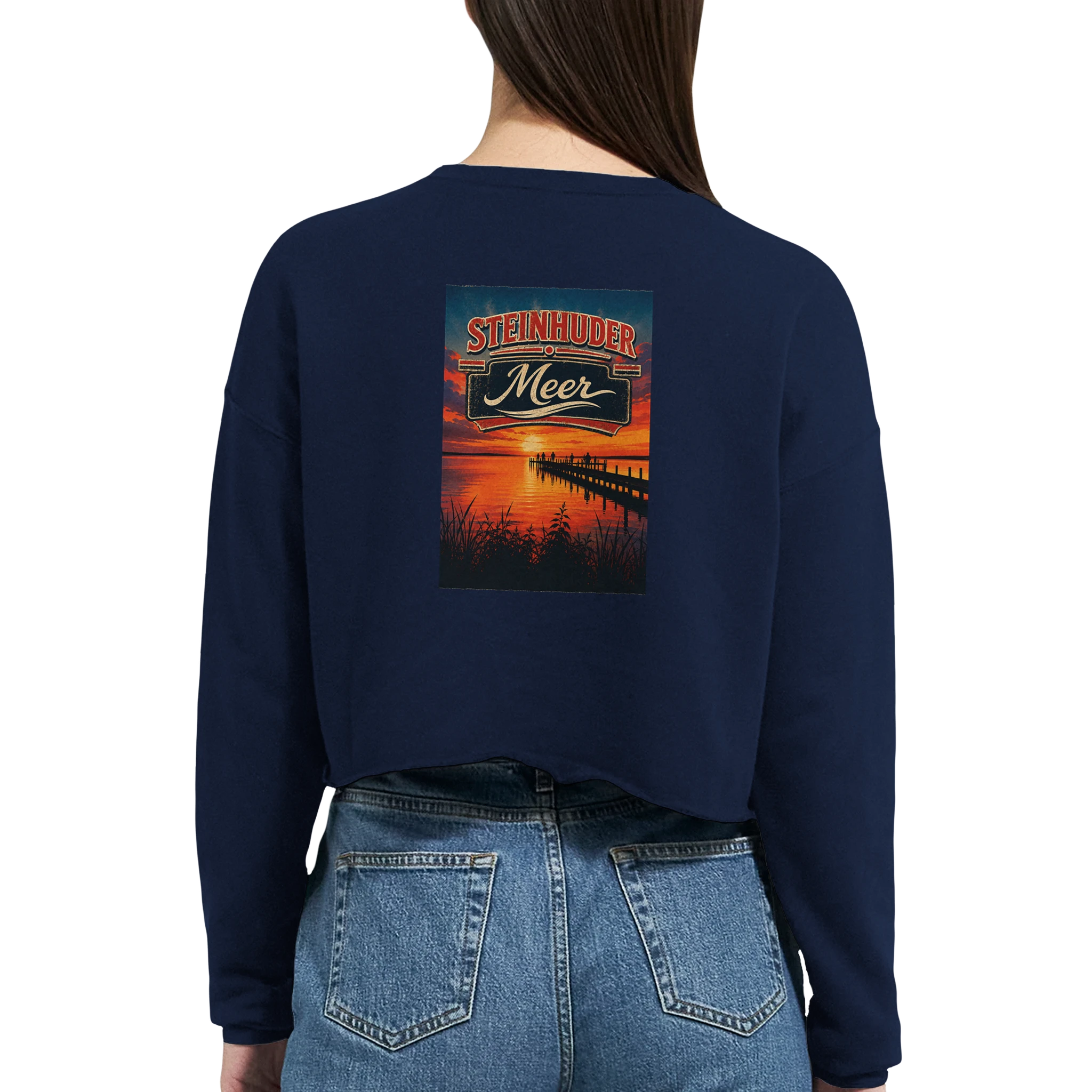 Damen-Pullover in Staubblau mit Motiv „Sunset Ratskeller Steg am Steinhuder Meer“