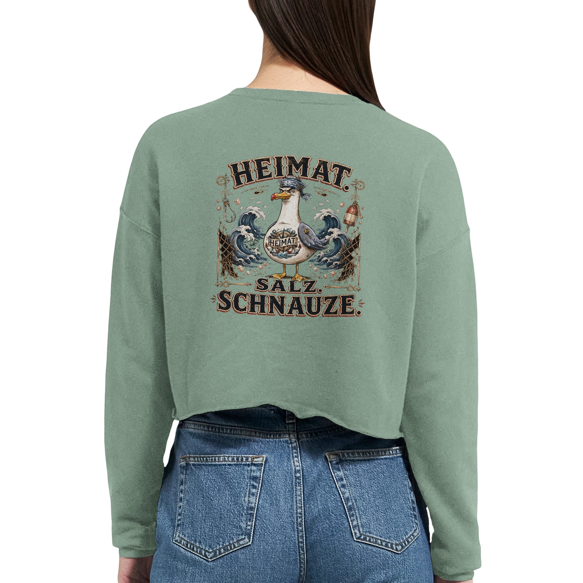 Damen-Pullover in Staubblau mit Motiv „Heimat Salz Schnauze“
