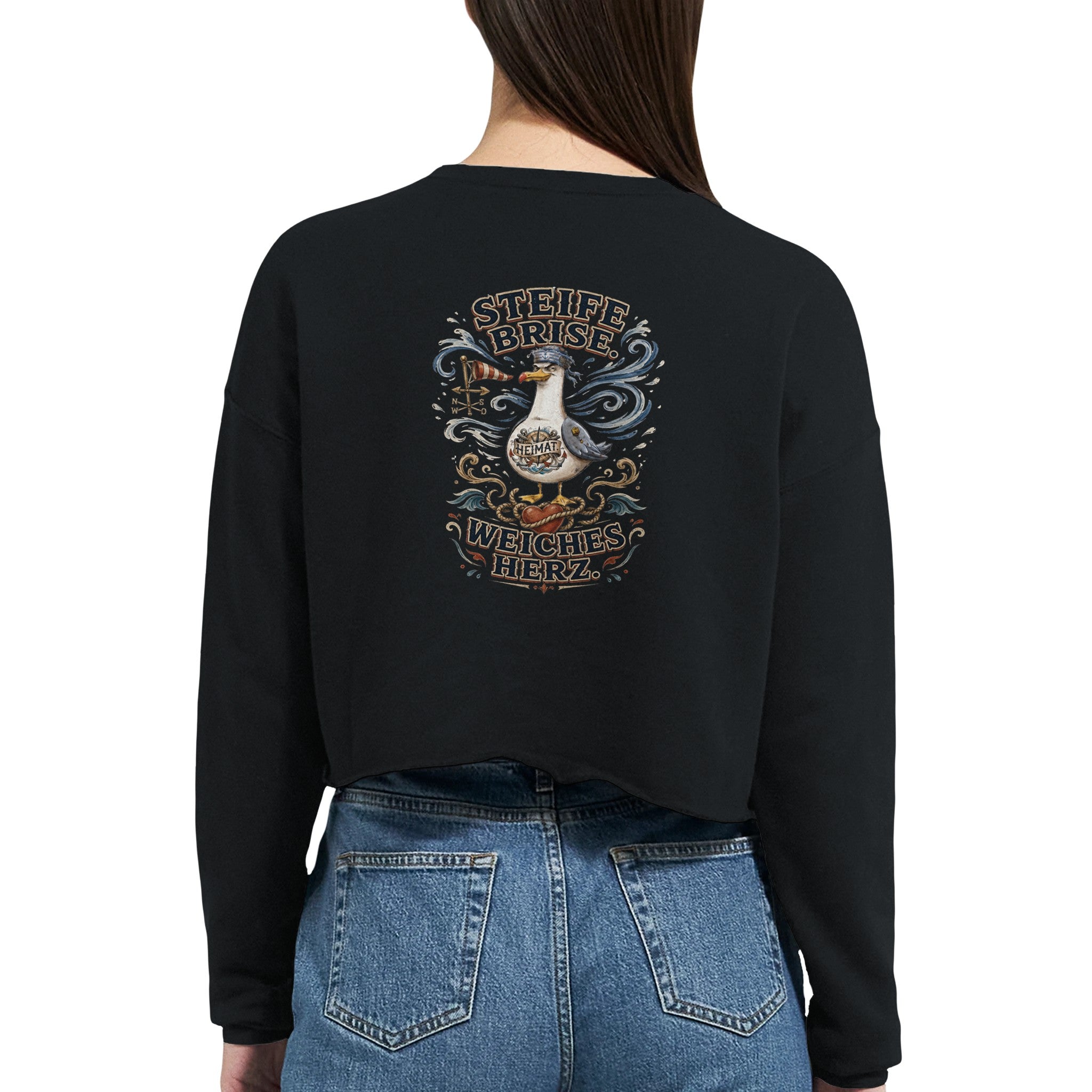 Damen-Pullover in Staubblau mit Motiv „Steife Brise. Weiches Herz.“