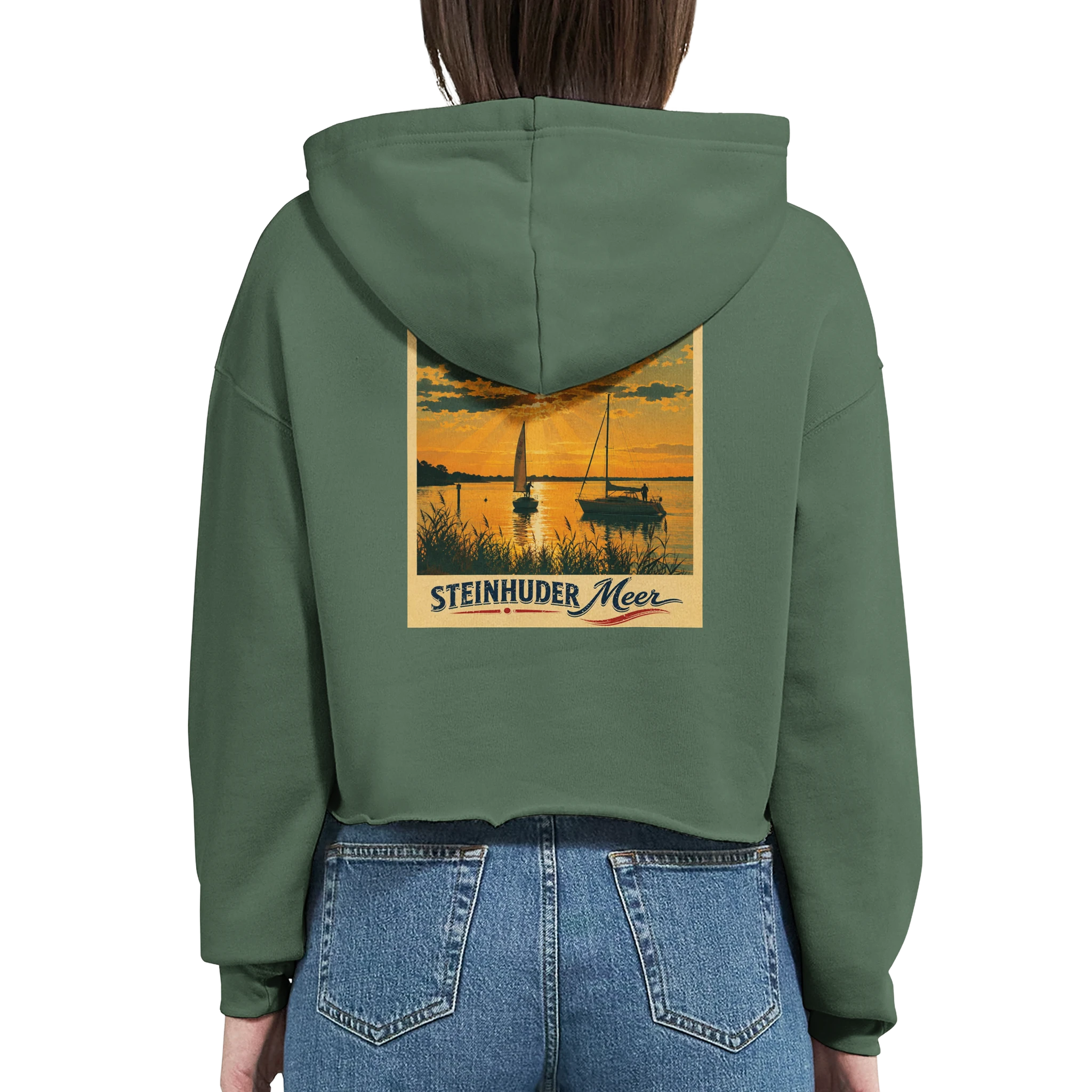Damen-Hoodie in Pfirsich mit Motiv „Segler am Steinhuder Meer beim Sunset“