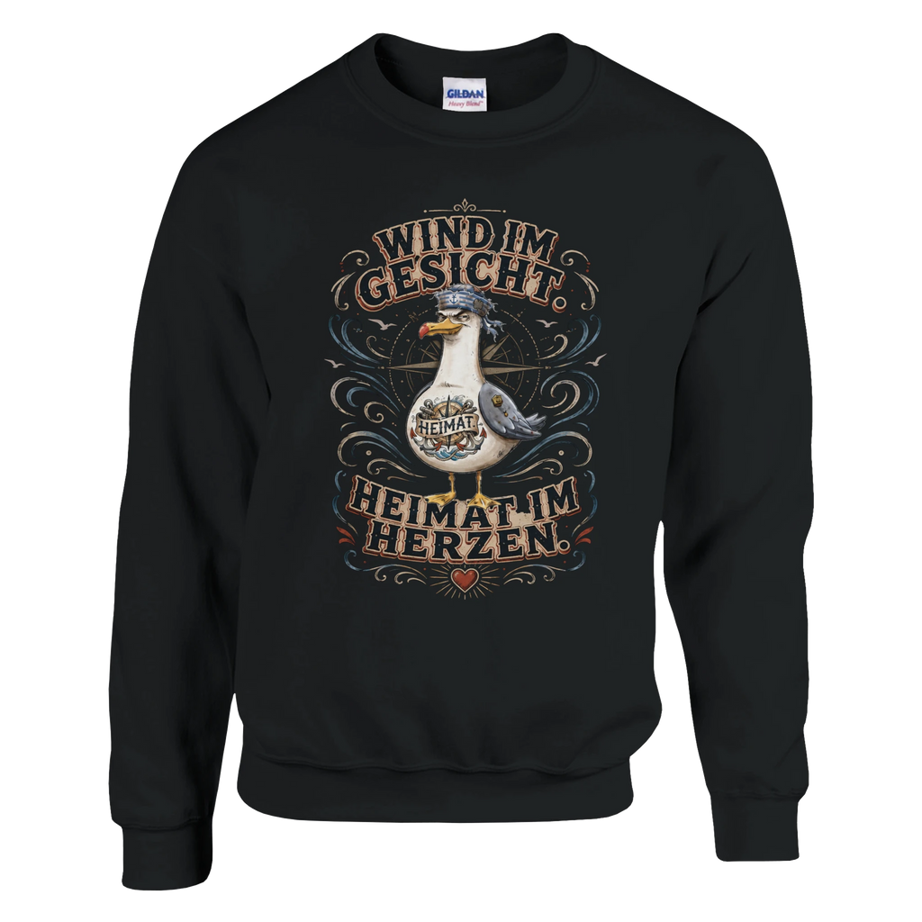 Pullover in Hellrosa mit Motiv „Wind im Gesicht. Heimat im Herzen. Möwe“