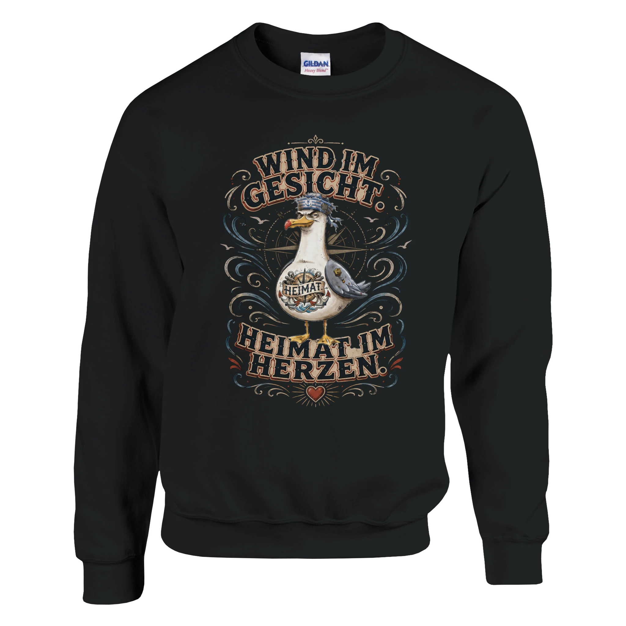 Pullover in Hellrosa mit Motiv „Wind im Gesicht. Heimat im Herzen. Möwe“
