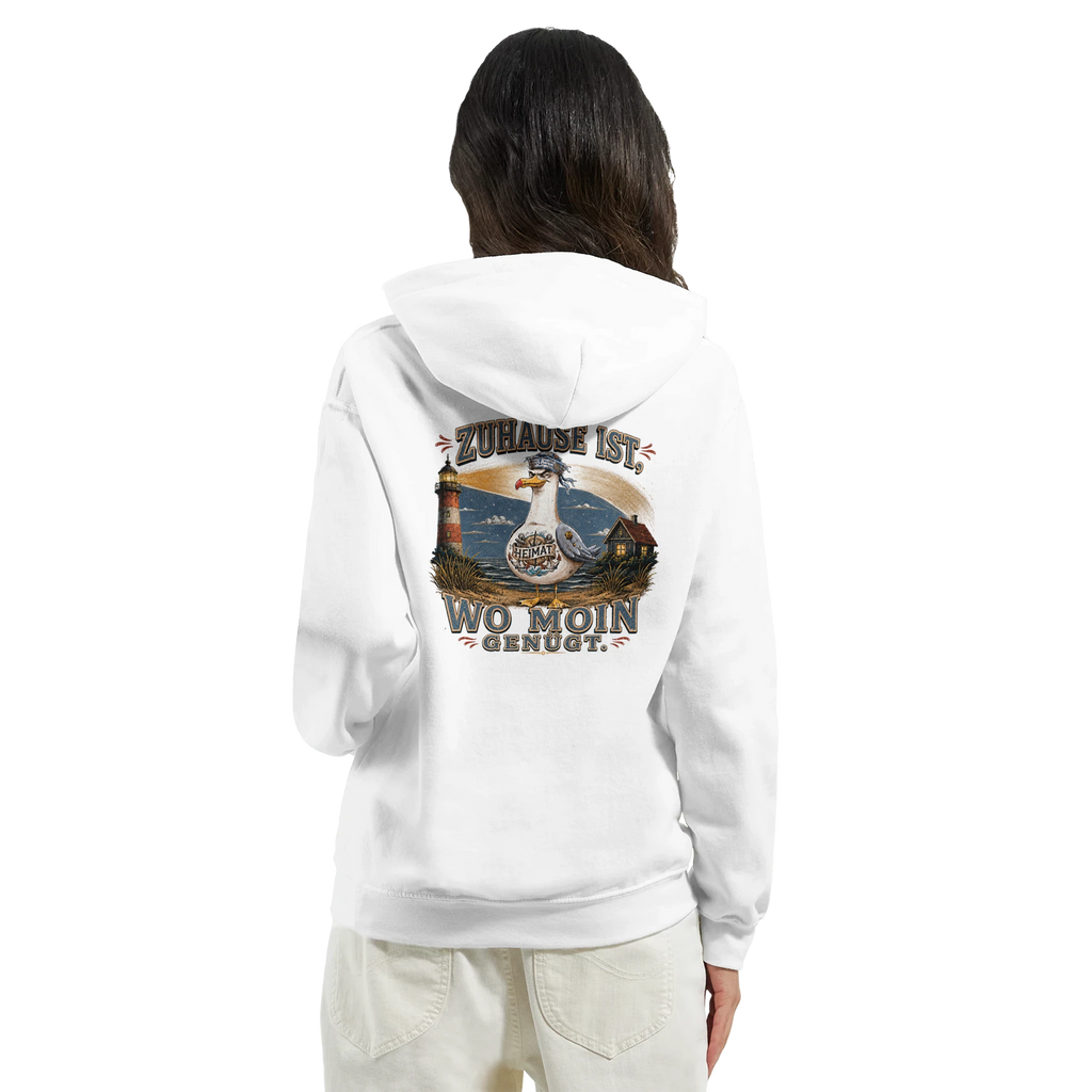 Hoodie in Hellrosa mit Motiv „Zuhause ist, wo Moin genügt. Möwe“