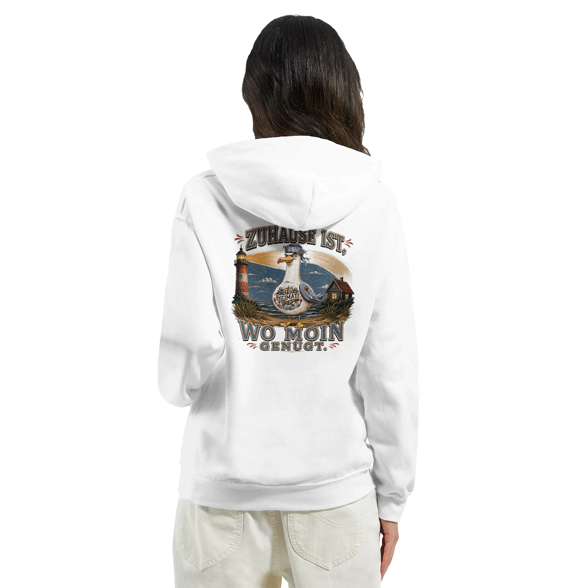 Hoodie in Hellrosa mit Motiv „Zuhause ist, wo Moin genügt. Möwe“