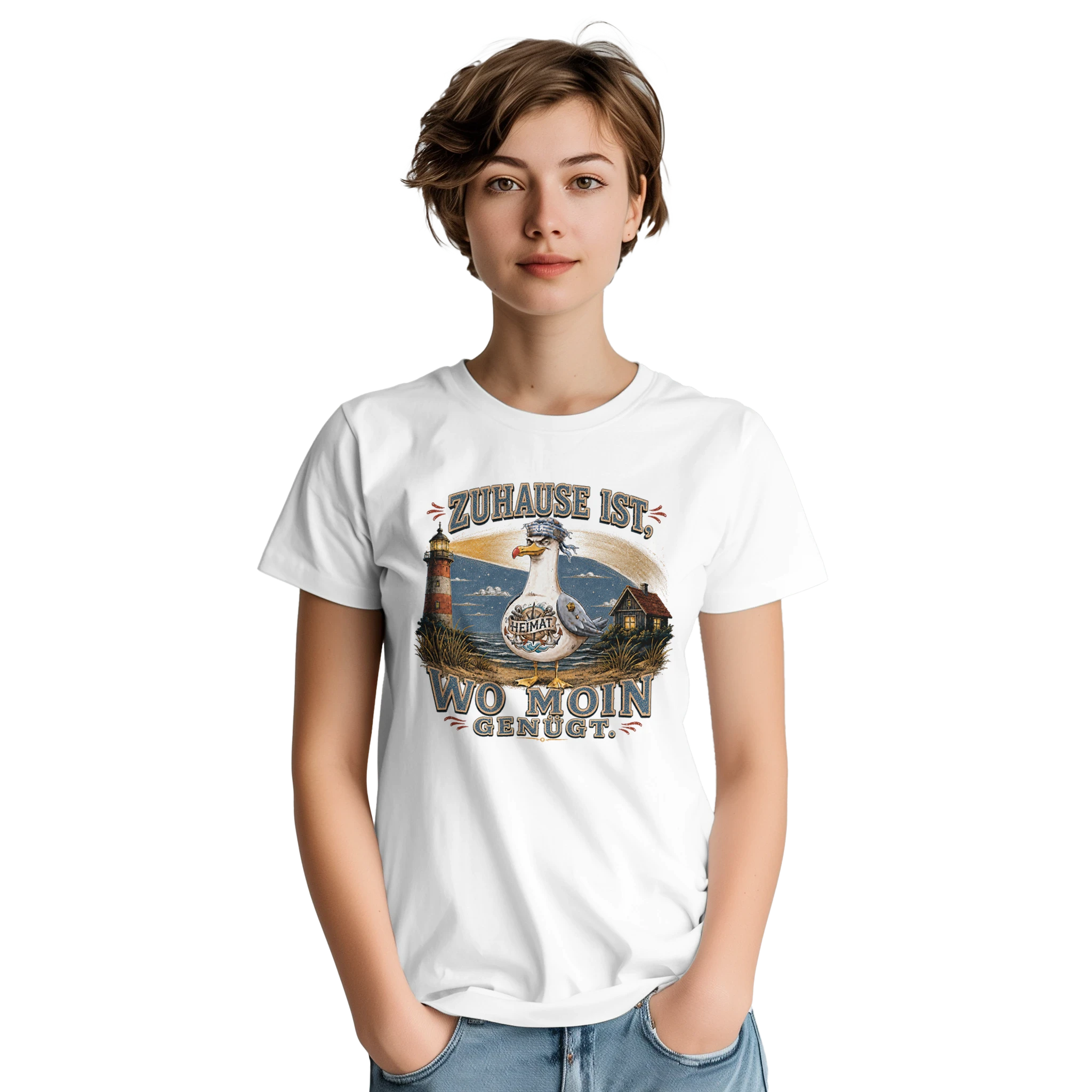T-Shirt in Sand mit Motiv „Zuhause ist, wo Moin genügt. Möwe“