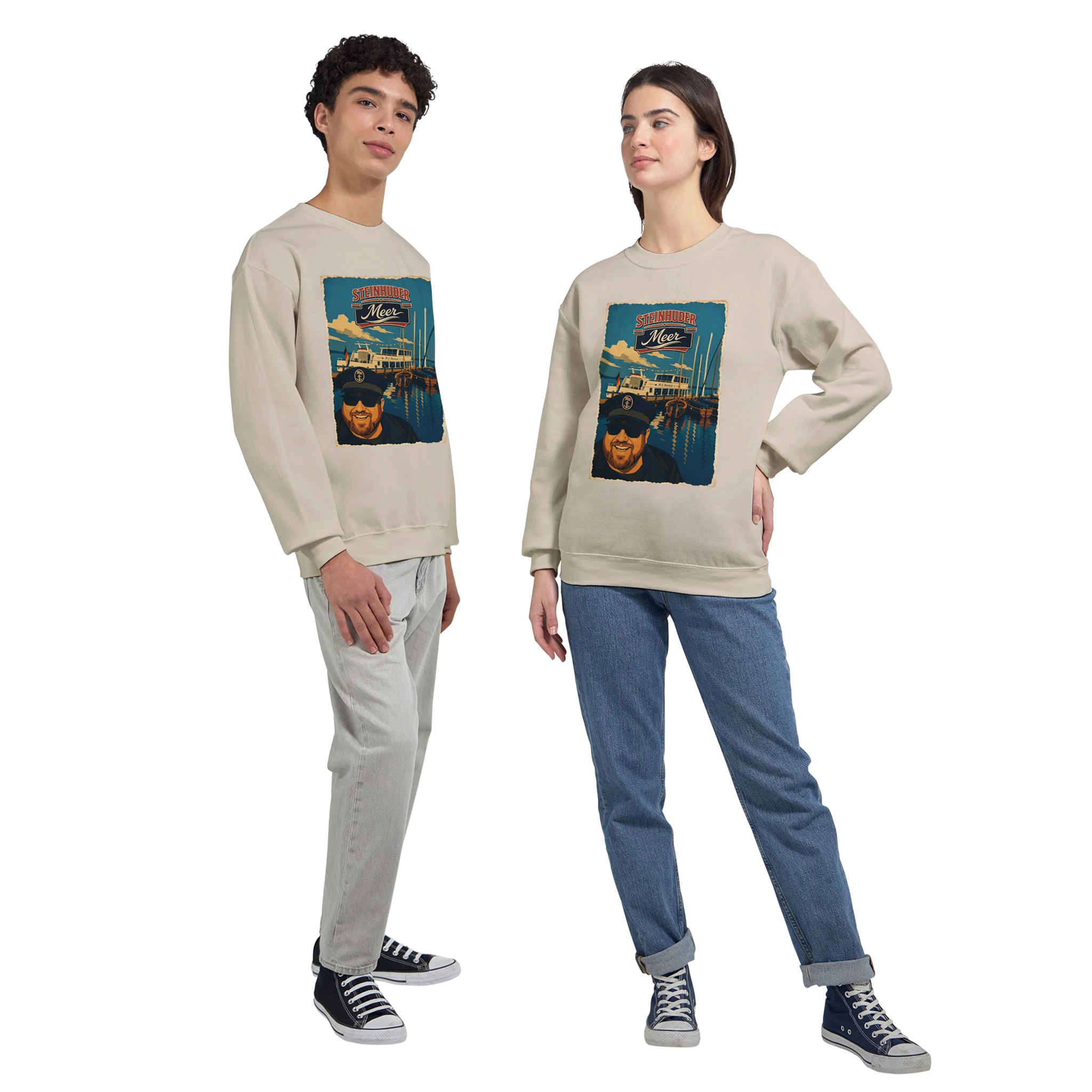 Pullover in Aschgrau mit Motiv „Kapitän an Bord“