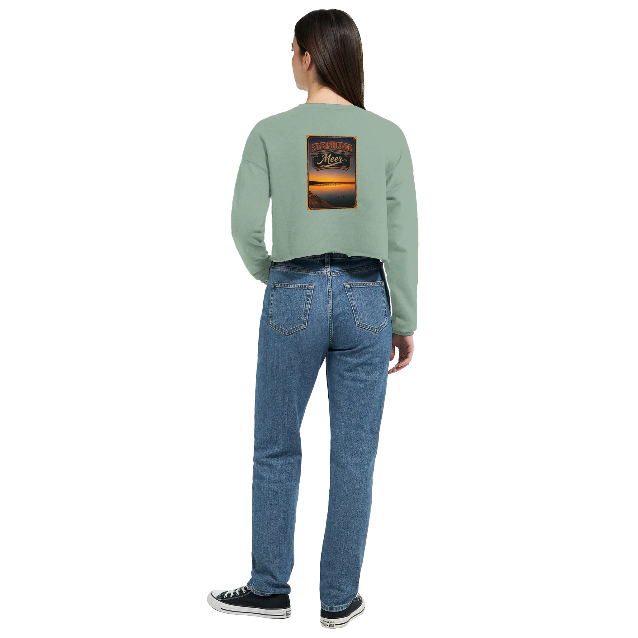 Damen-Pullover in Dunkelgrau meliert mit Motiv „Steg an der Planke“