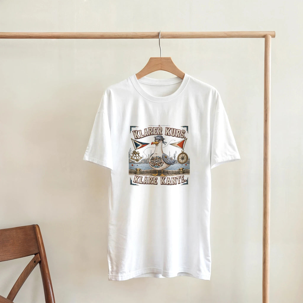 T-Shirt in Sand mit Motiv „Klarer Kurs. Klare Kante. Möwe“