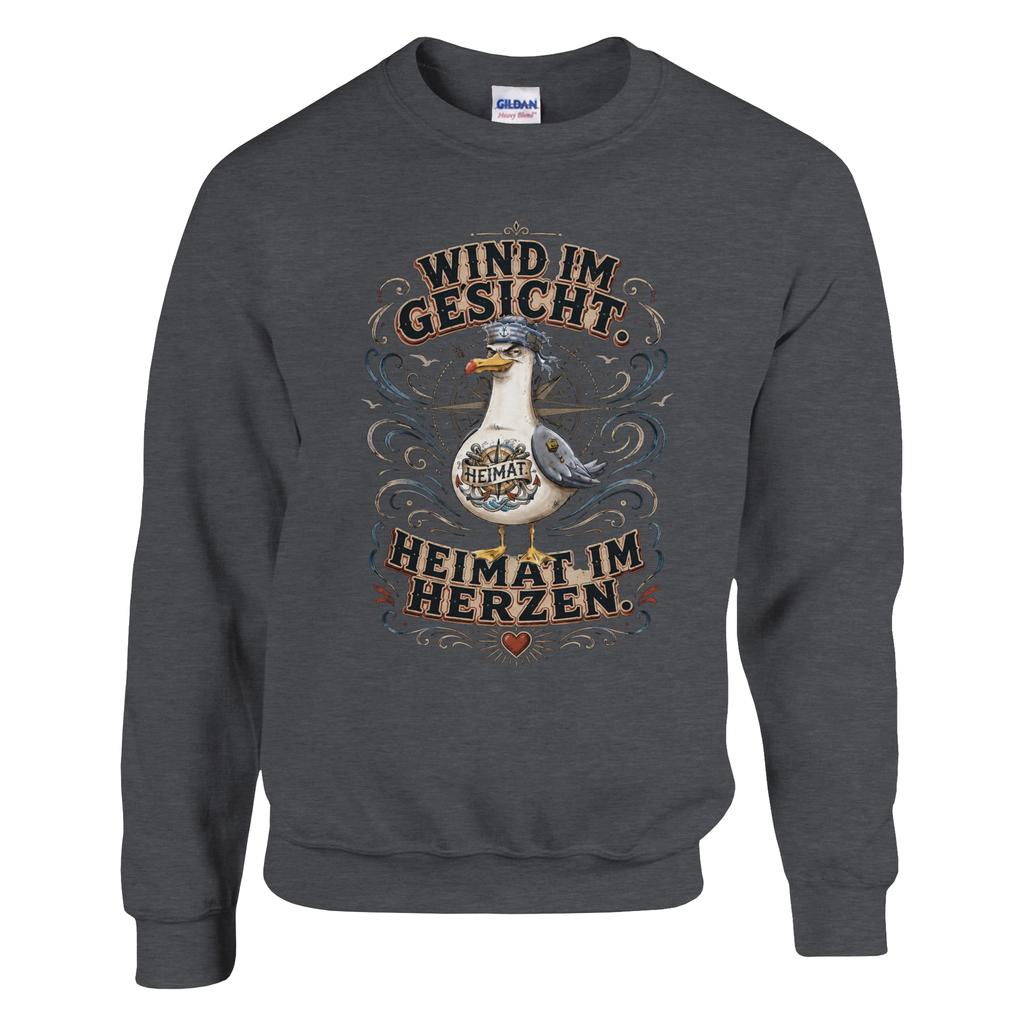 Pullover in Hellrosa mit Motiv „Wind im Gesicht. Heimat im Herzen. Möwe“