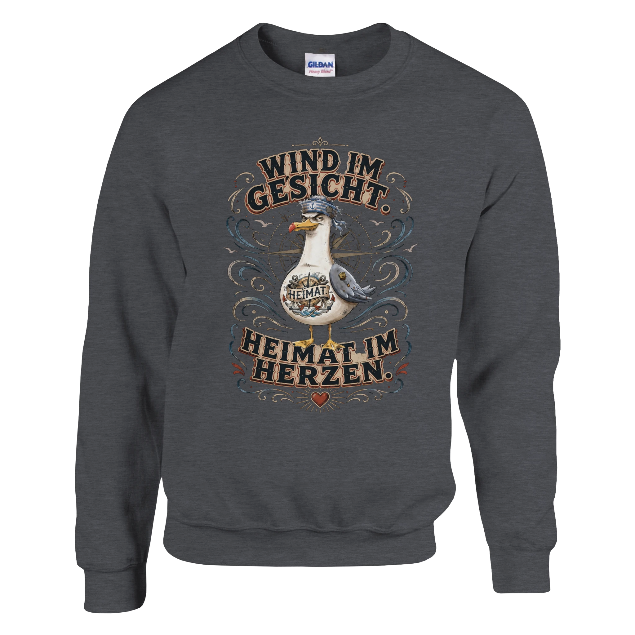 Pullover in Hellrosa mit Motiv „Wind im Gesicht. Heimat im Herzen. Möwe“