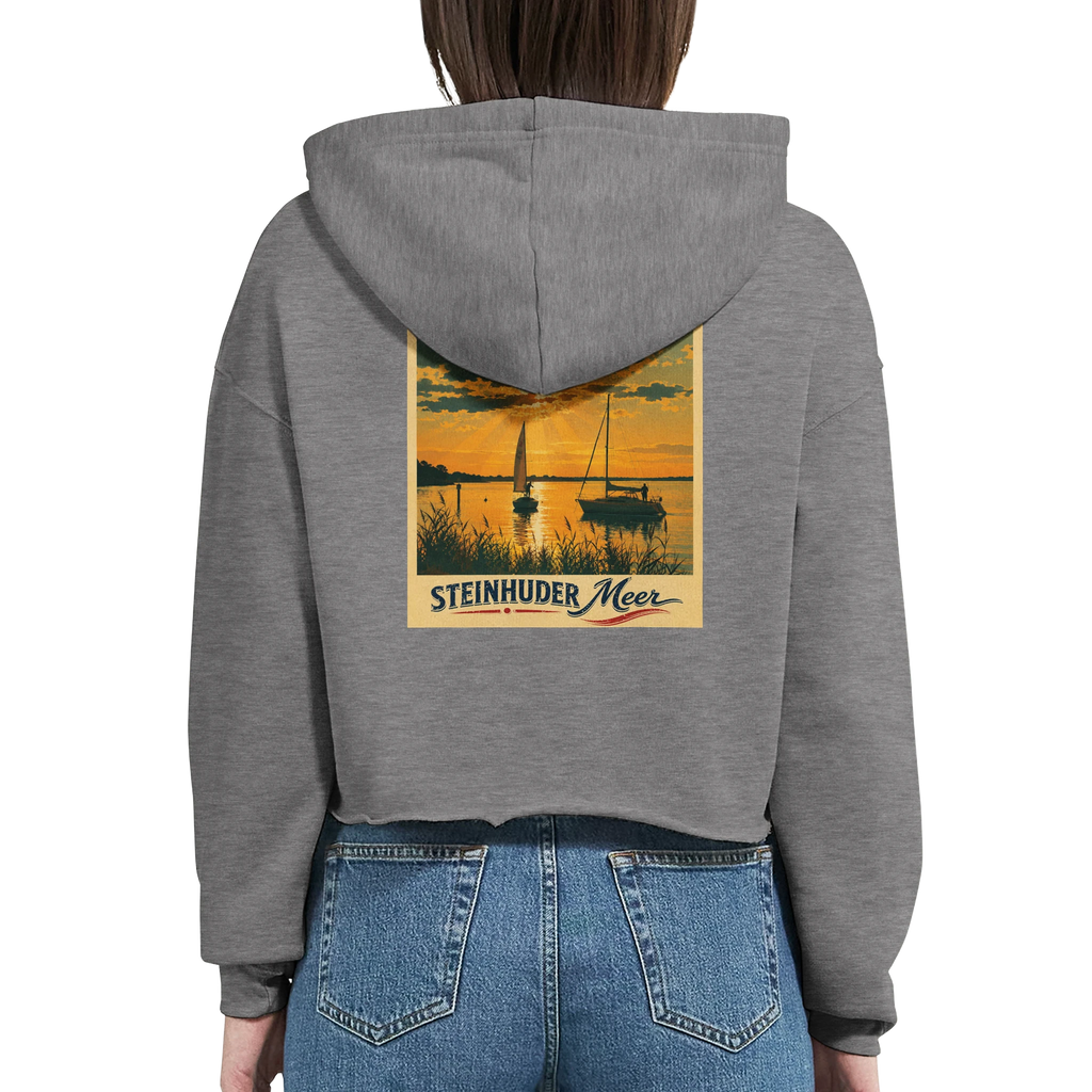 Damen-Hoodie in Weiß mit Motiv „Segler am Steinhuder Meer beim Sunset“