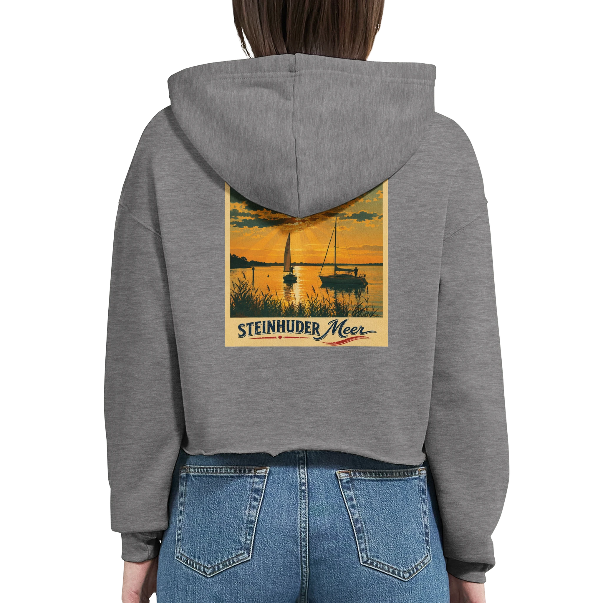 Damen-Hoodie in Weiß mit Motiv „Segler am Steinhuder Meer beim Sunset“