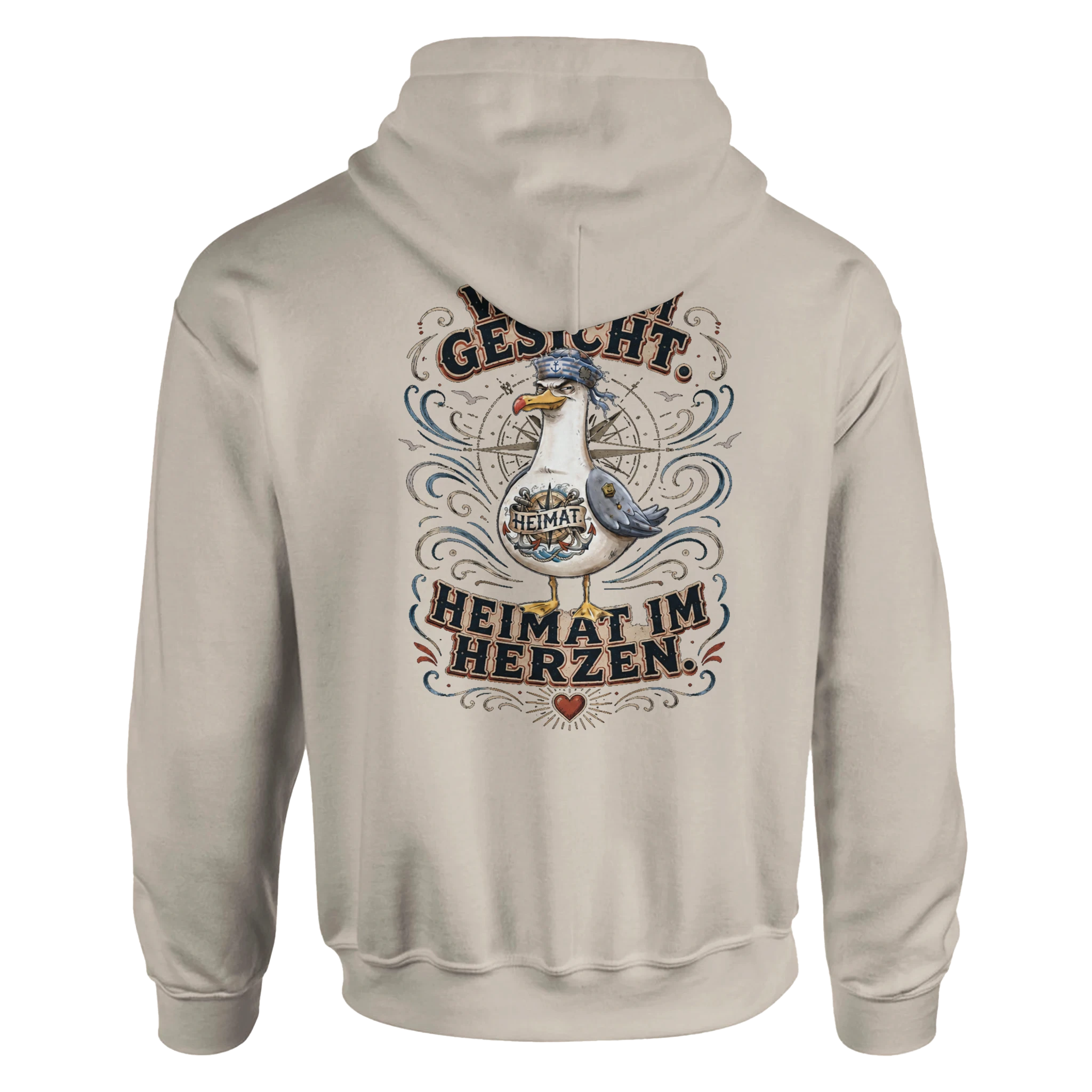 Hoodie in Weiß mit Motiv „Wind im Gesicht. Heimat im Herzen. Möwe“