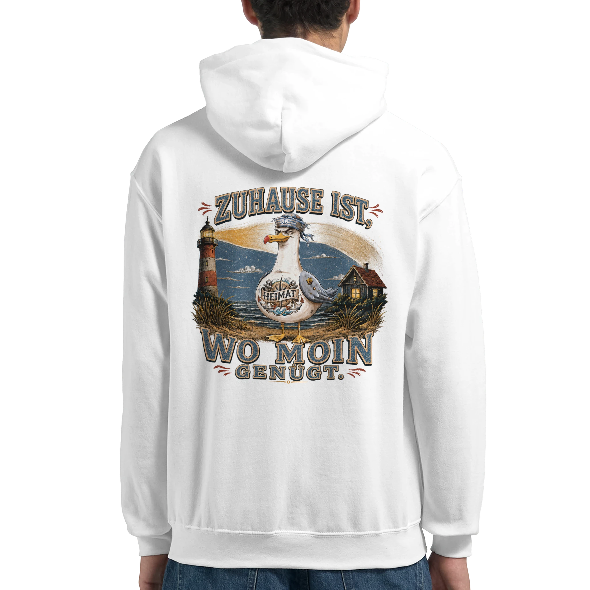 Hoodie in Sand mit Motiv „Zuhause ist, wo Moin genügt. Möwe“