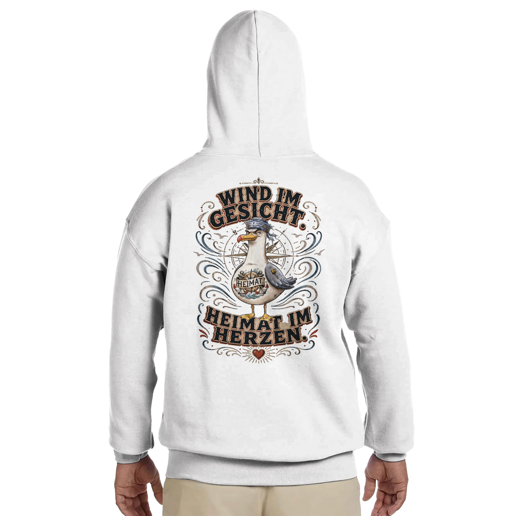 Hoodie in Hellrosa mit Motiv „Wind im Gesicht. Heimat im Herzen. Möwe“