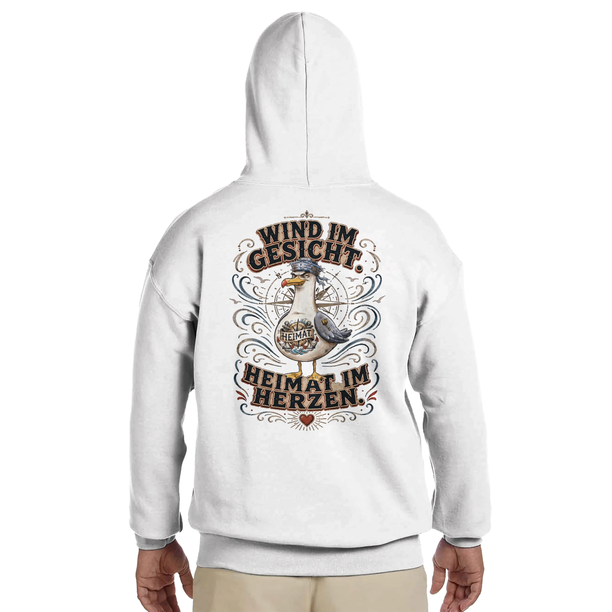 Hoodie in Hellrosa mit Motiv „Wind im Gesicht. Heimat im Herzen. Möwe“