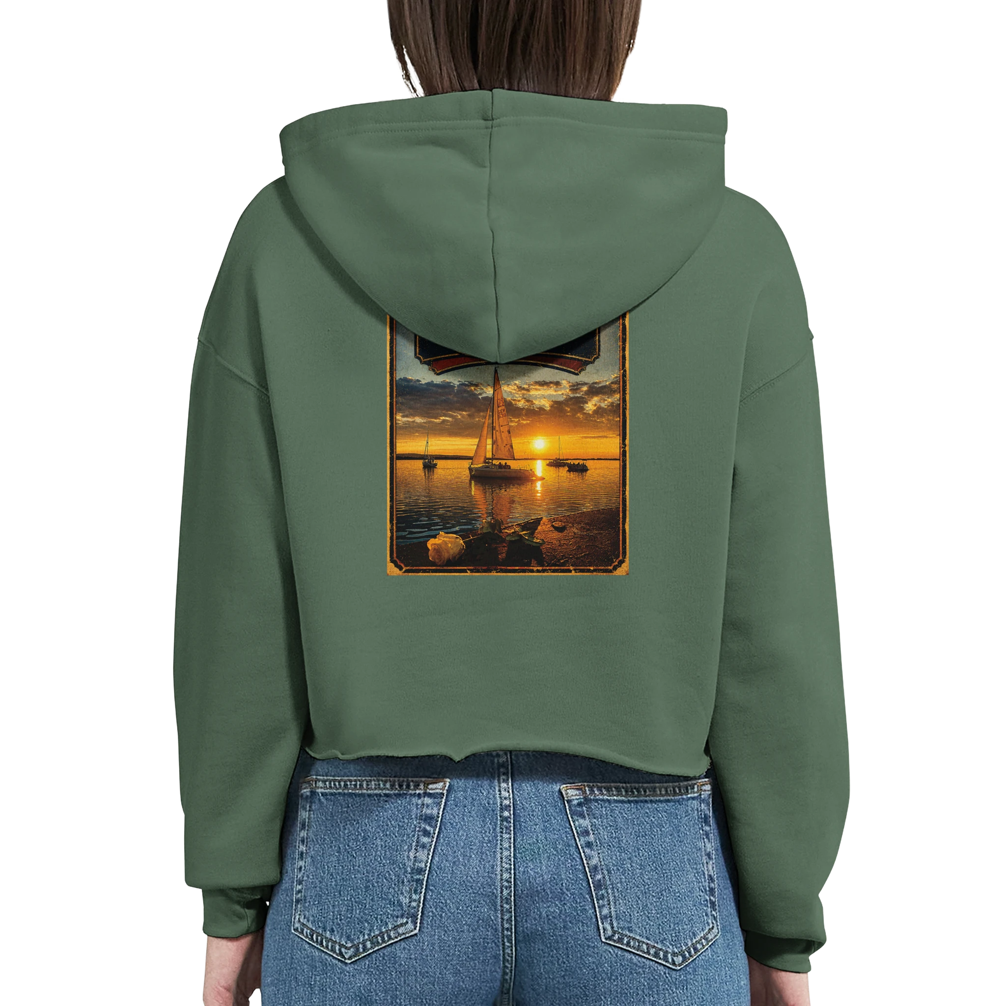Damen-Hoodie in Weiß mit Motiv „White Night am Wilhelmstein mit Sonnenuntergang“