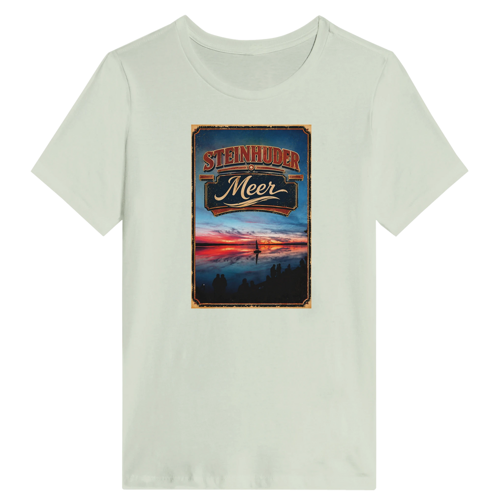Damen-T-Shirt in Weiß mit Motiv „Sunset mit Segler am Wilhelmstein – Steinhuder Meer“