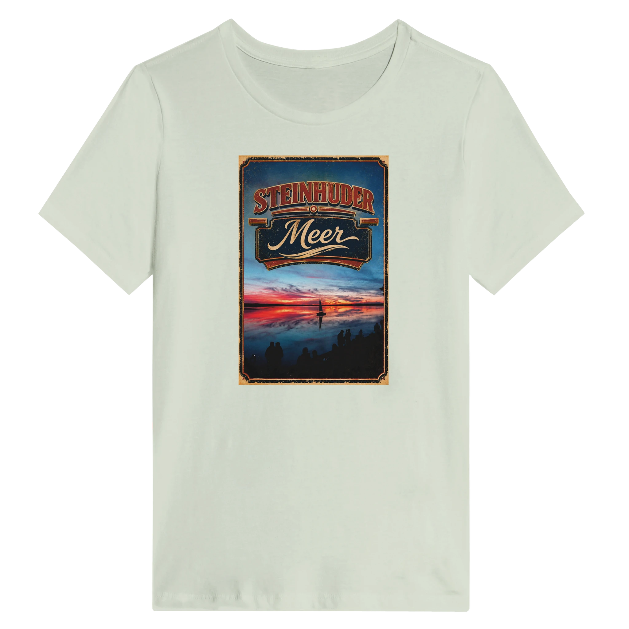 Damen-T-Shirt in Weiß mit Motiv „Sunset mit Segler am Wilhelmstein – Steinhuder Meer“