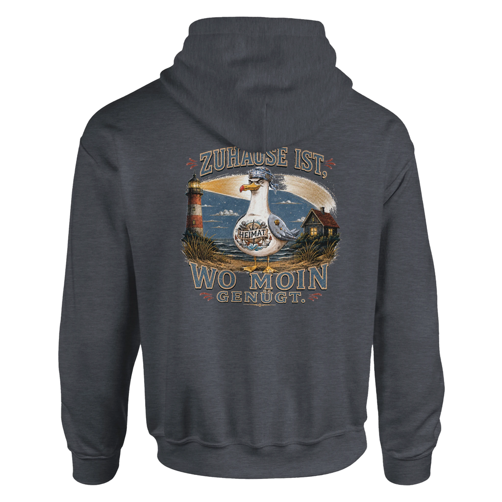 Hoodie in Weiß mit Motiv „Zuhause ist, wo Moin genügt. Möwe“