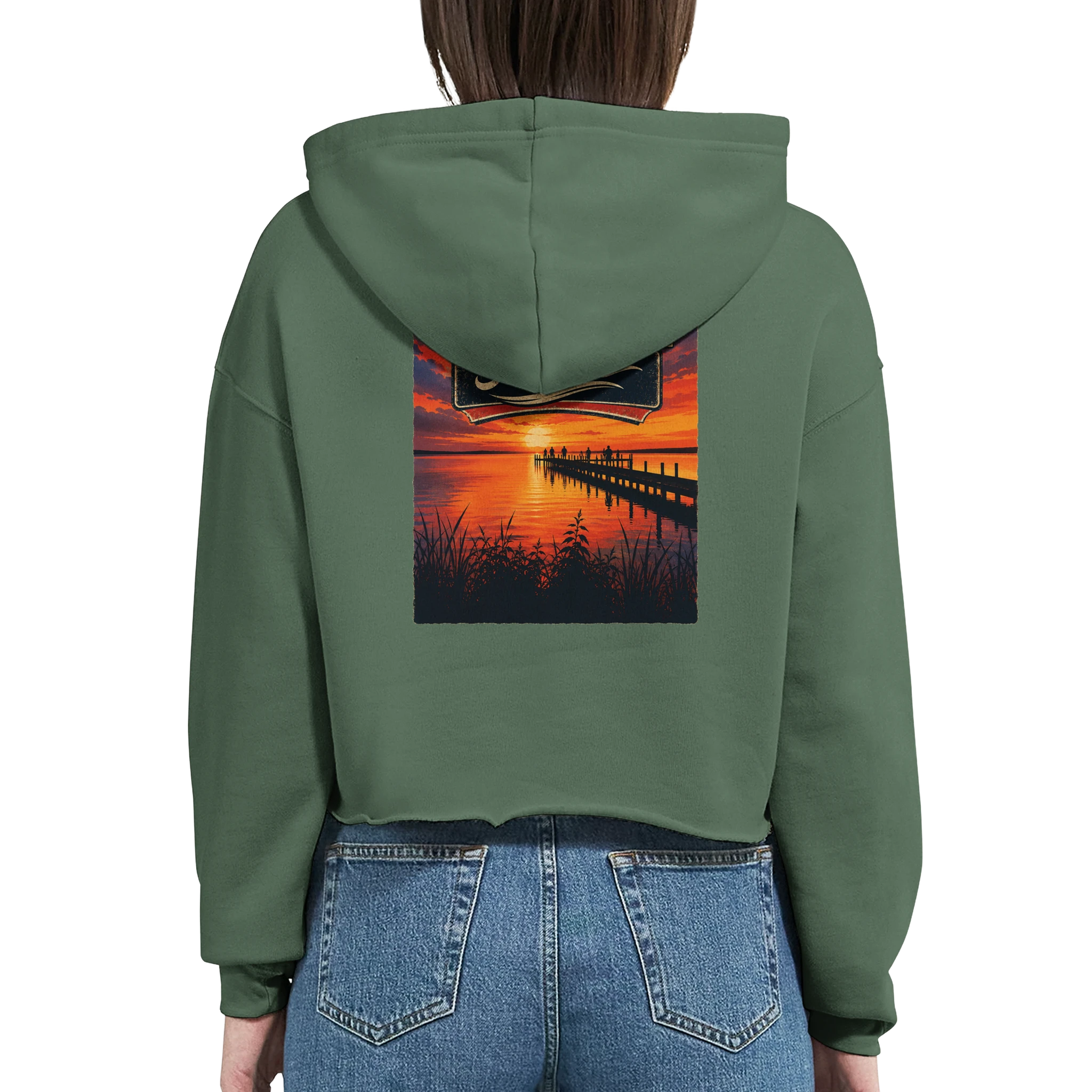 Damen-Hoodie in Weiß mit Motiv „Sunset Ratskeller Steg am Steinhuder Meer“