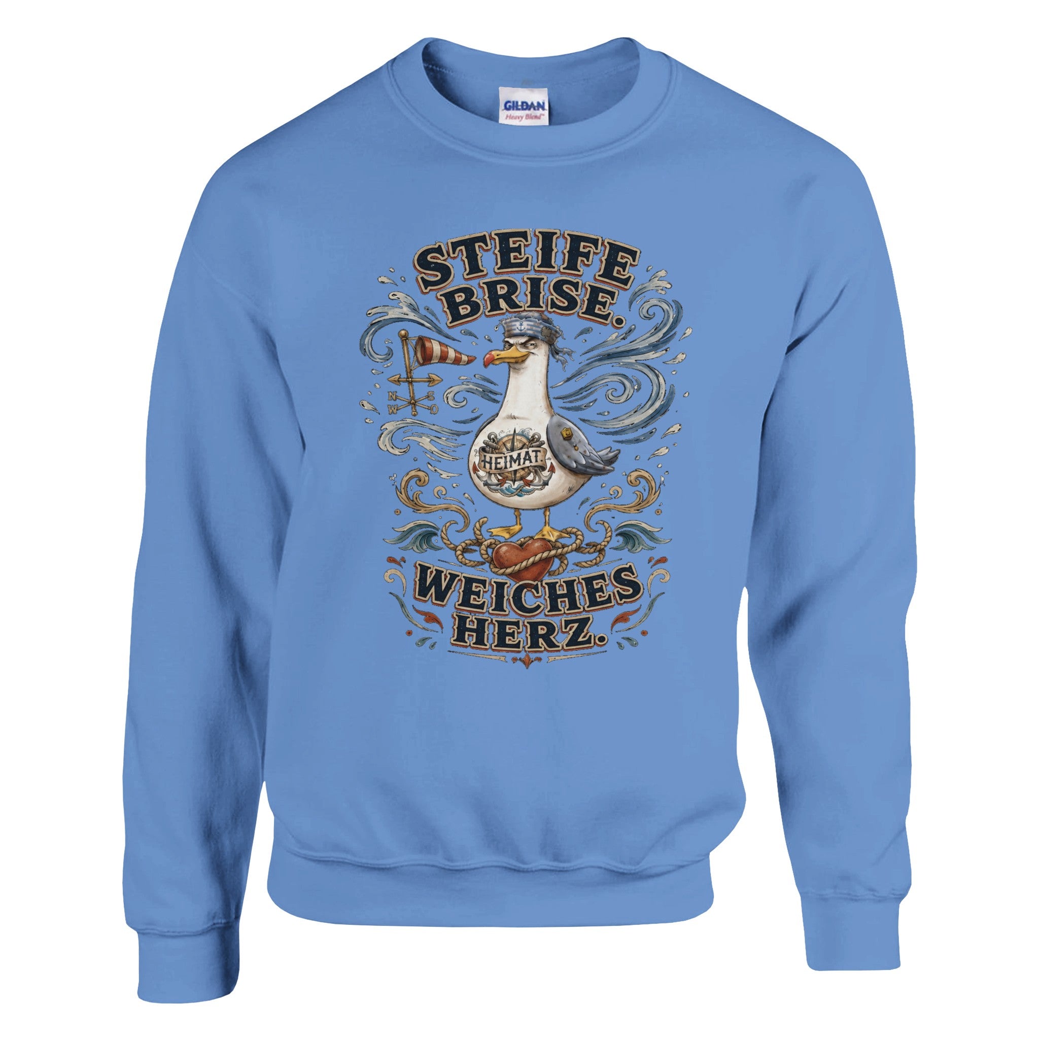 Pullover in Weiß mit Motiv „Steife Brise. Weiches Herz.“