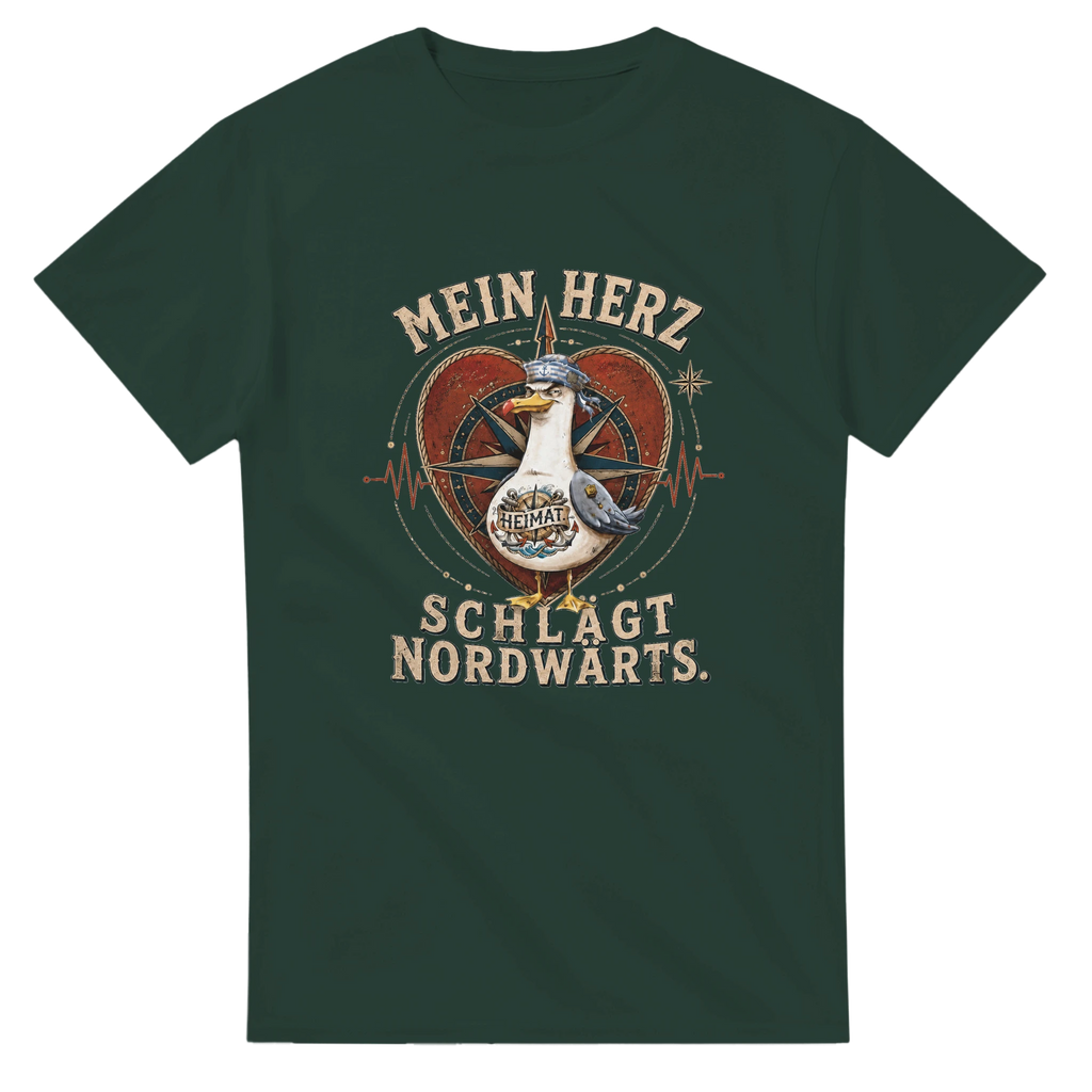 T-Shirt in Weiß mit Motiv „Mein Herz schlägt NORDWÄRTS. Möwe“