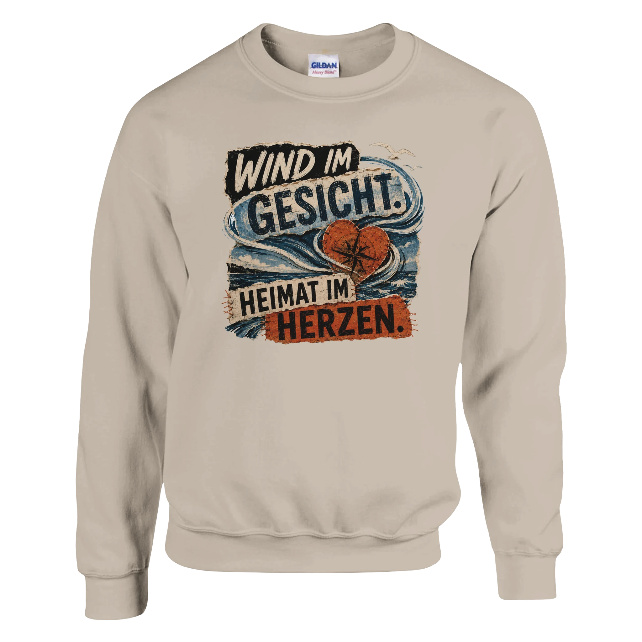 Pullover in Weiß mit Motiv „Wind im Gesicht. Heimat im Herzen.“