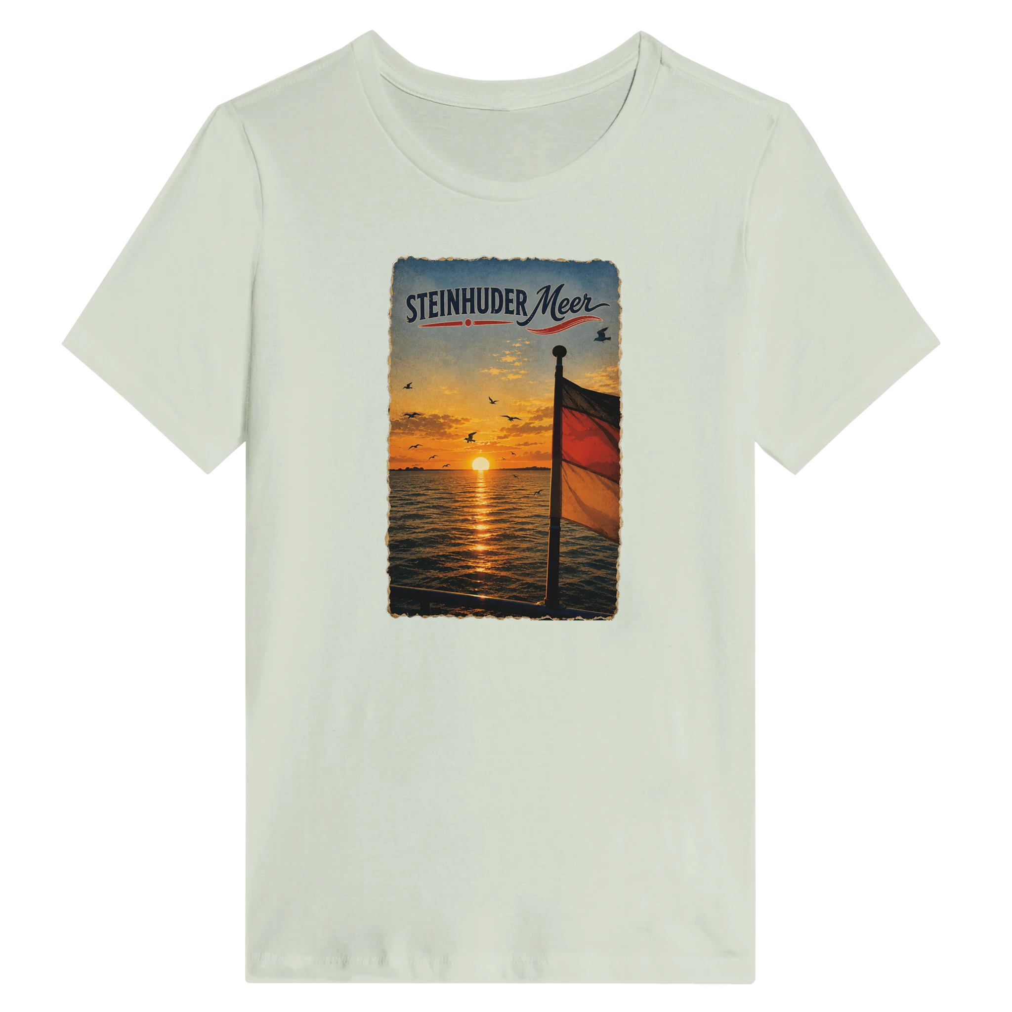 Damen-T-Shirt in Weiß mit Motiv „Flagge und Sunset“