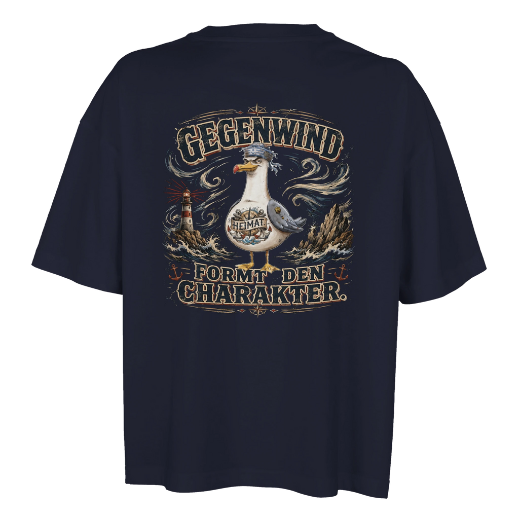 Damen-T-Shirt in Weiß mit Motiv „Gegenwind formt den Charakter“