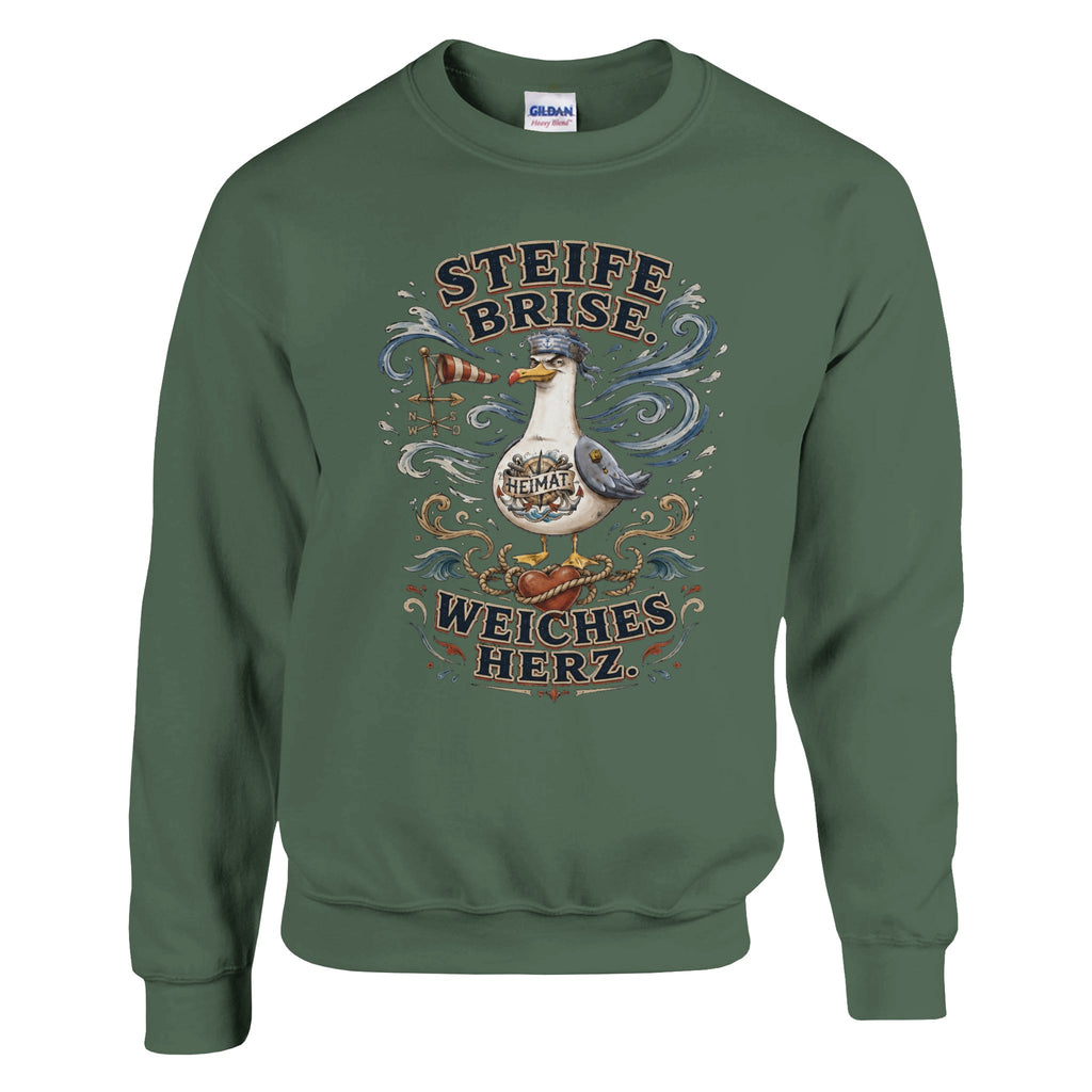 Pullover in Weiß mit Motiv „Steife Brise. Weiches Herz.“