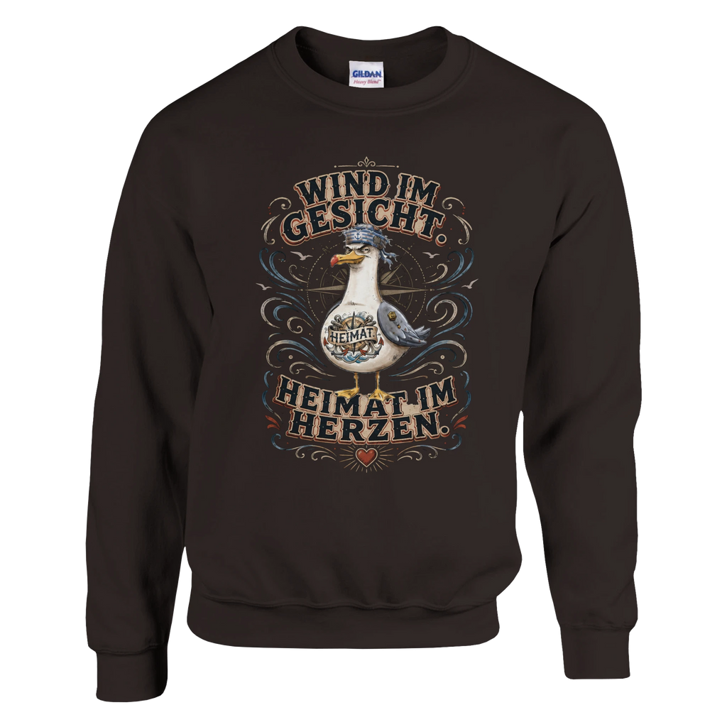 Pullover in Hellrosa mit Motiv „Wind im Gesicht. Heimat im Herzen. Möwe“